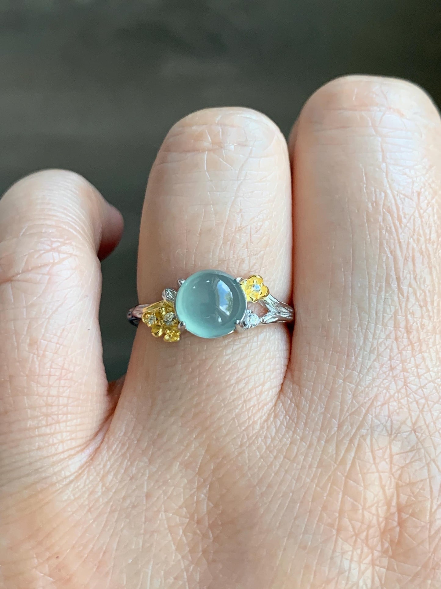 Natural Guatemalan Icy Highly Translucent Pastel Blue Jadeite Cherry Blossom Branch Ring Sterling Silver Adjustable 天然冰危淡蓝起光翡翠梅花枝银镶戒指 MHZH-B