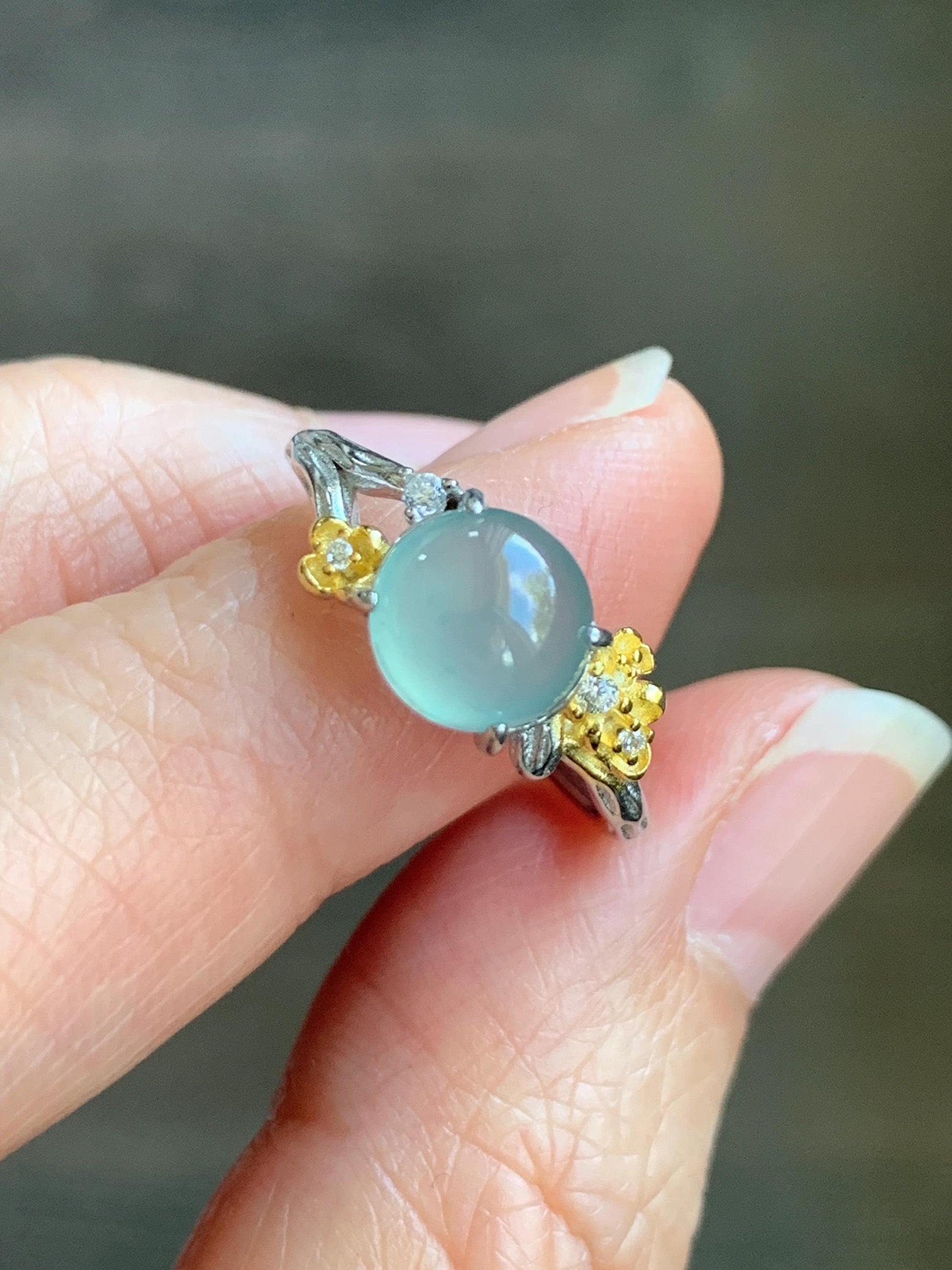 Natural Guatemalan Icy Highly Translucent Pastel Blue Jadeite Cherry Blossom Branch Ring Sterling Silver Adjustable 天然冰危淡蓝起光翡翠梅花枝银镶戒指 MHZH-B