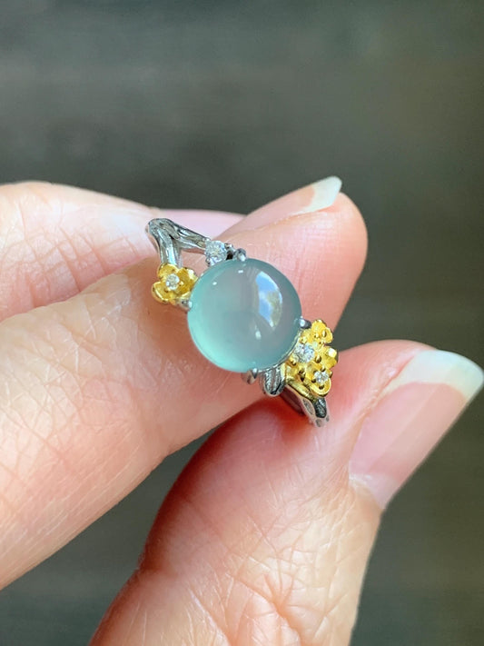 Natural Guatemalan Icy Highly Translucent Pastel Blue Jadeite Cherry Blossom Branch Ring Sterling Silver Adjustable 天然冰危淡蓝起光翡翠梅花枝银镶戒指 MHZH-B