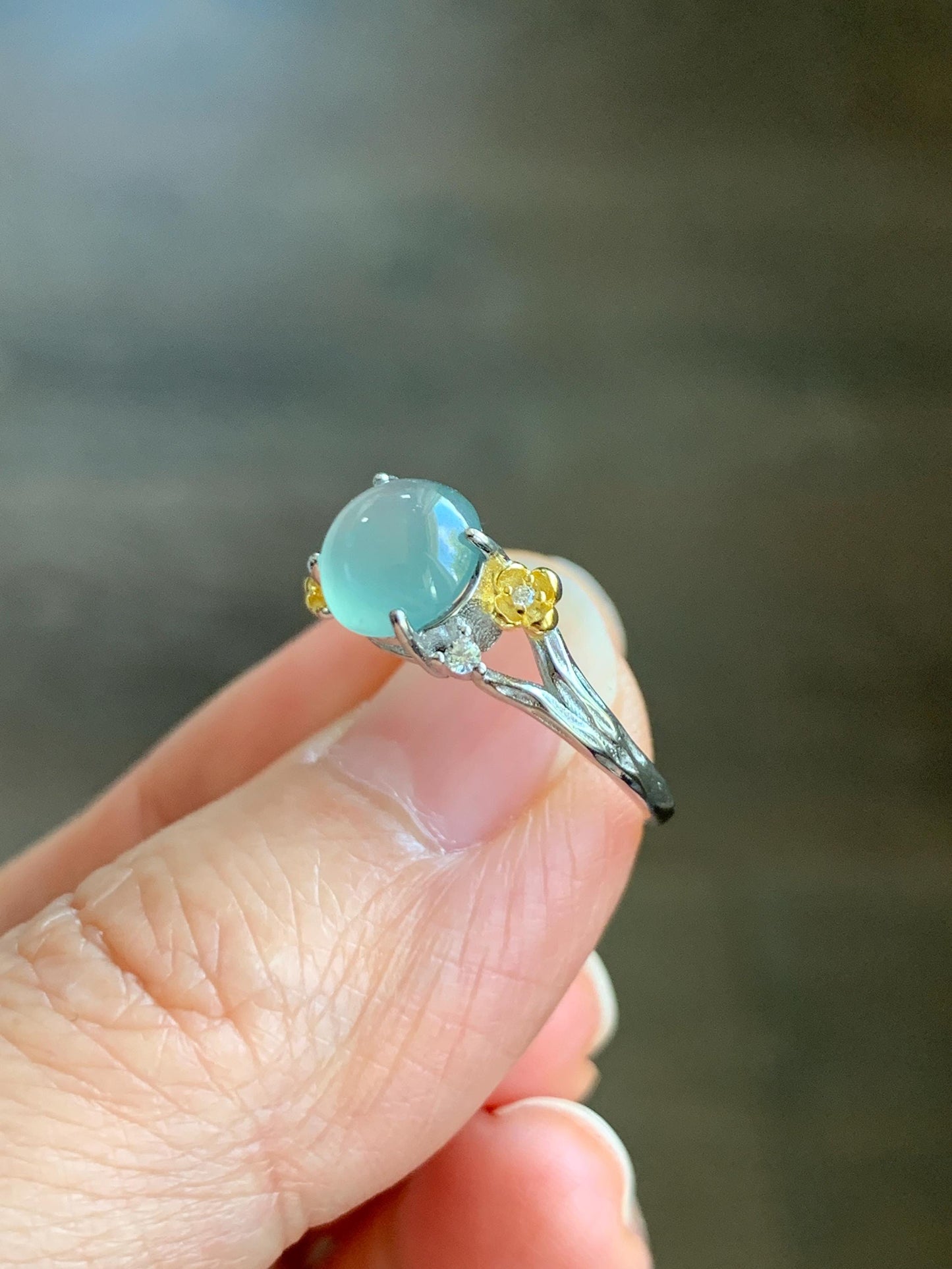Natural Guatemalan Icy Highly Translucent Pastel Blue Jadeite Cherry Blossom Branch Ring Sterling Silver Adjustable 天然冰危淡蓝起光翡翠梅花枝银镶戒指 MHZH-B