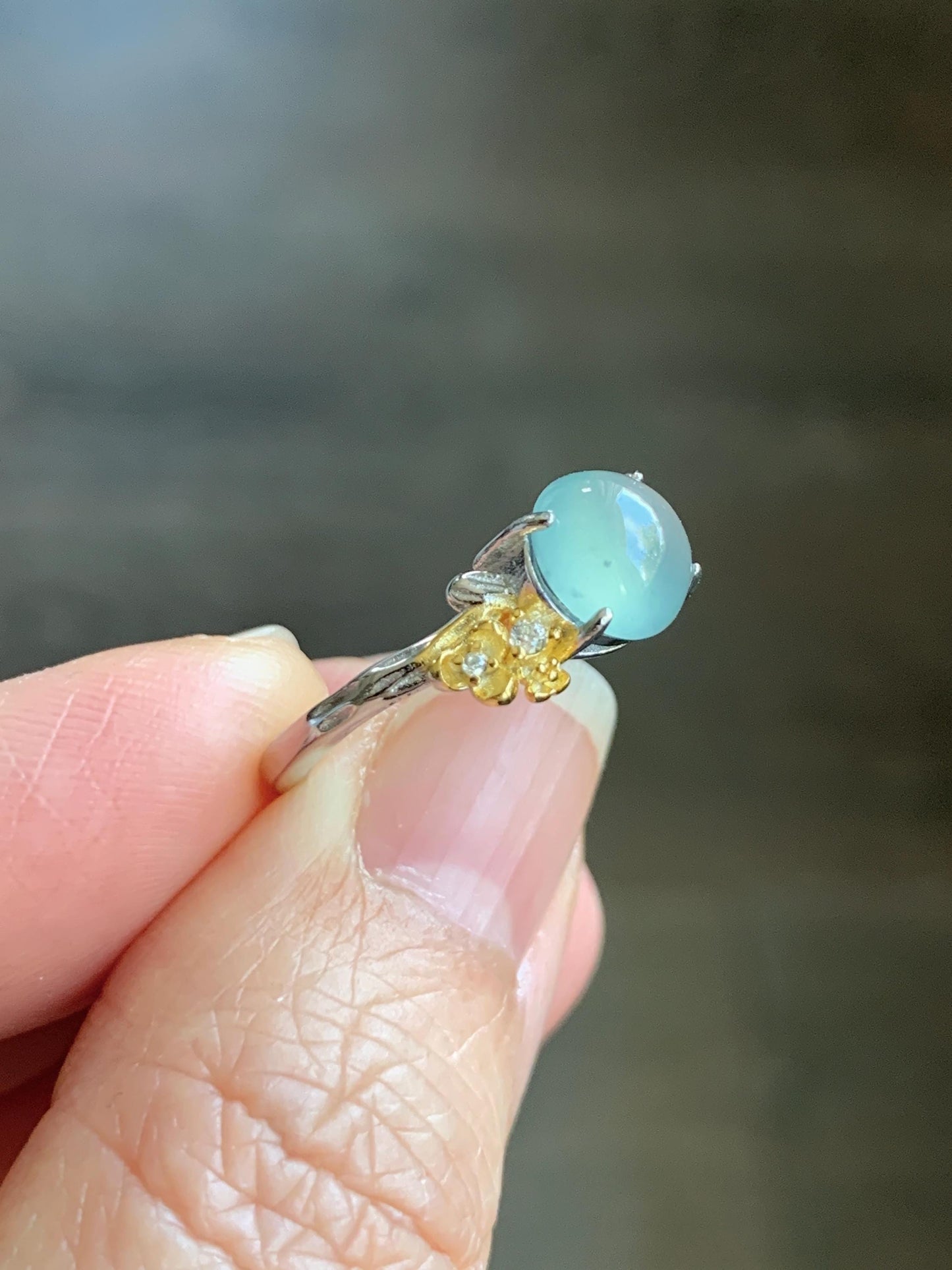Natural Guatemalan Icy Highly Translucent Pastel Blue Jadeite Cherry Blossom Branch Ring Sterling Silver Adjustable 天然冰危淡蓝起光翡翠梅花枝银镶戒指 MHZH-B