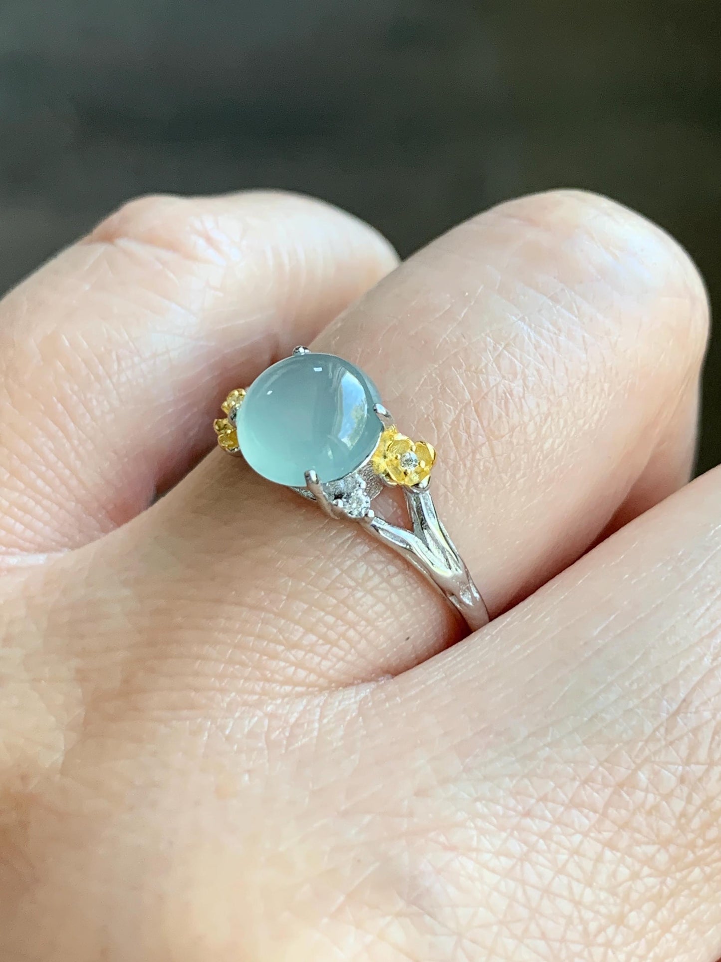 Natural Guatemalan Icy Highly Translucent Pastel Blue Jadeite Cherry Blossom Branch Ring Sterling Silver Adjustable 天然冰危淡蓝起光翡翠梅花枝银镶戒指 MHZH-A