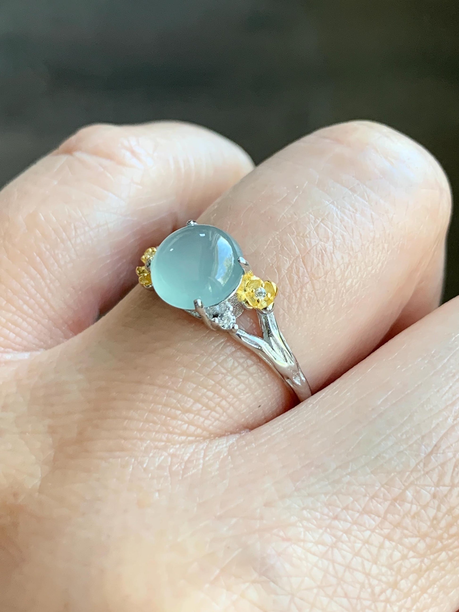 Natural Guatemalan Icy Highly Translucent Pastel Blue Jadeite Cherry Blossom Branch Ring Sterling Silver Adjustable 天然冰危淡蓝起光翡翠梅花枝银镶戒指 MHZH-A