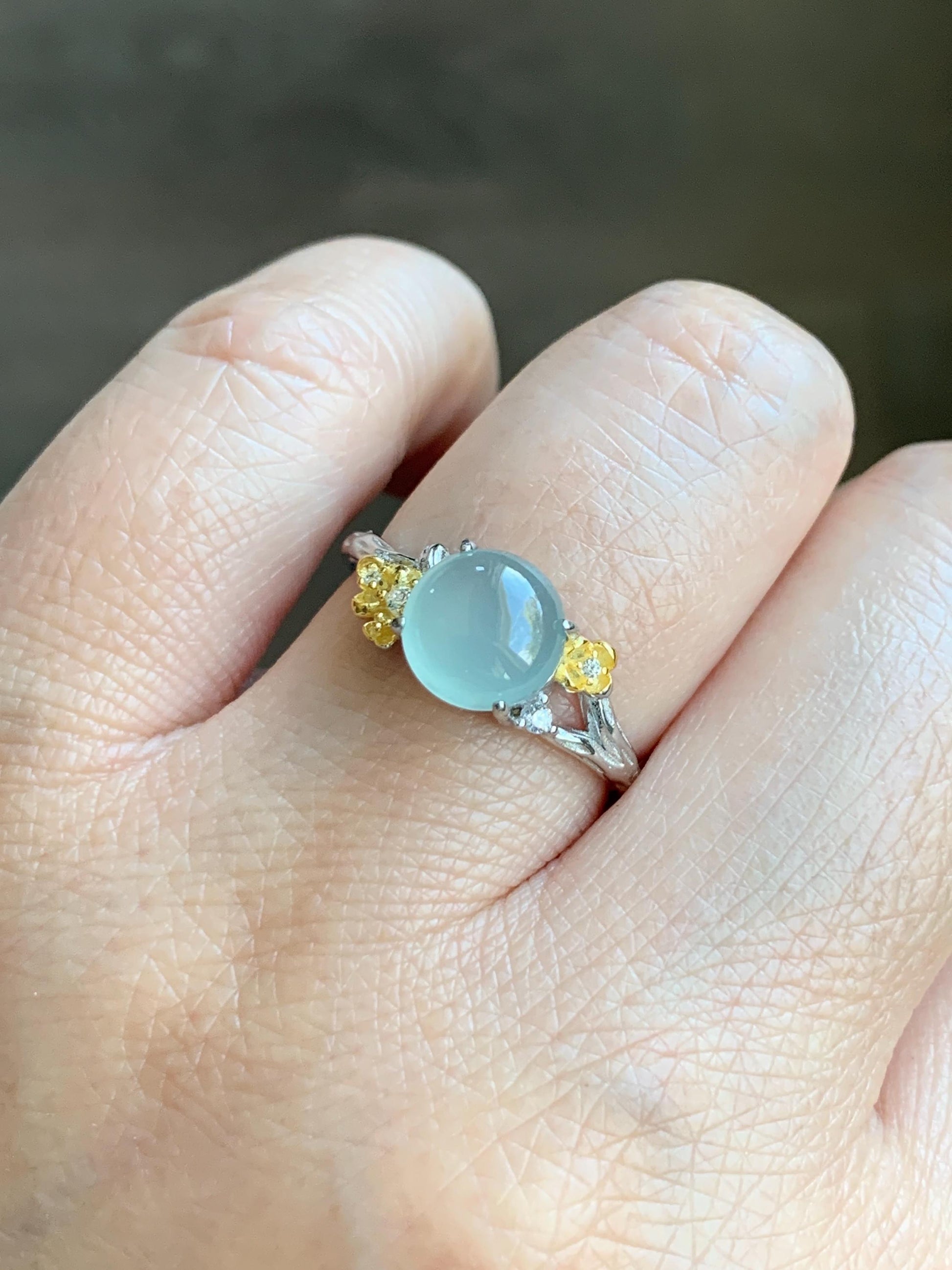 Natural Guatemalan Icy Highly Translucent Pastel Blue Jadeite Cherry Blossom Branch Ring Sterling Silver Adjustable 天然冰危淡蓝起光翡翠梅花枝银镶戒指 MHZH-A
