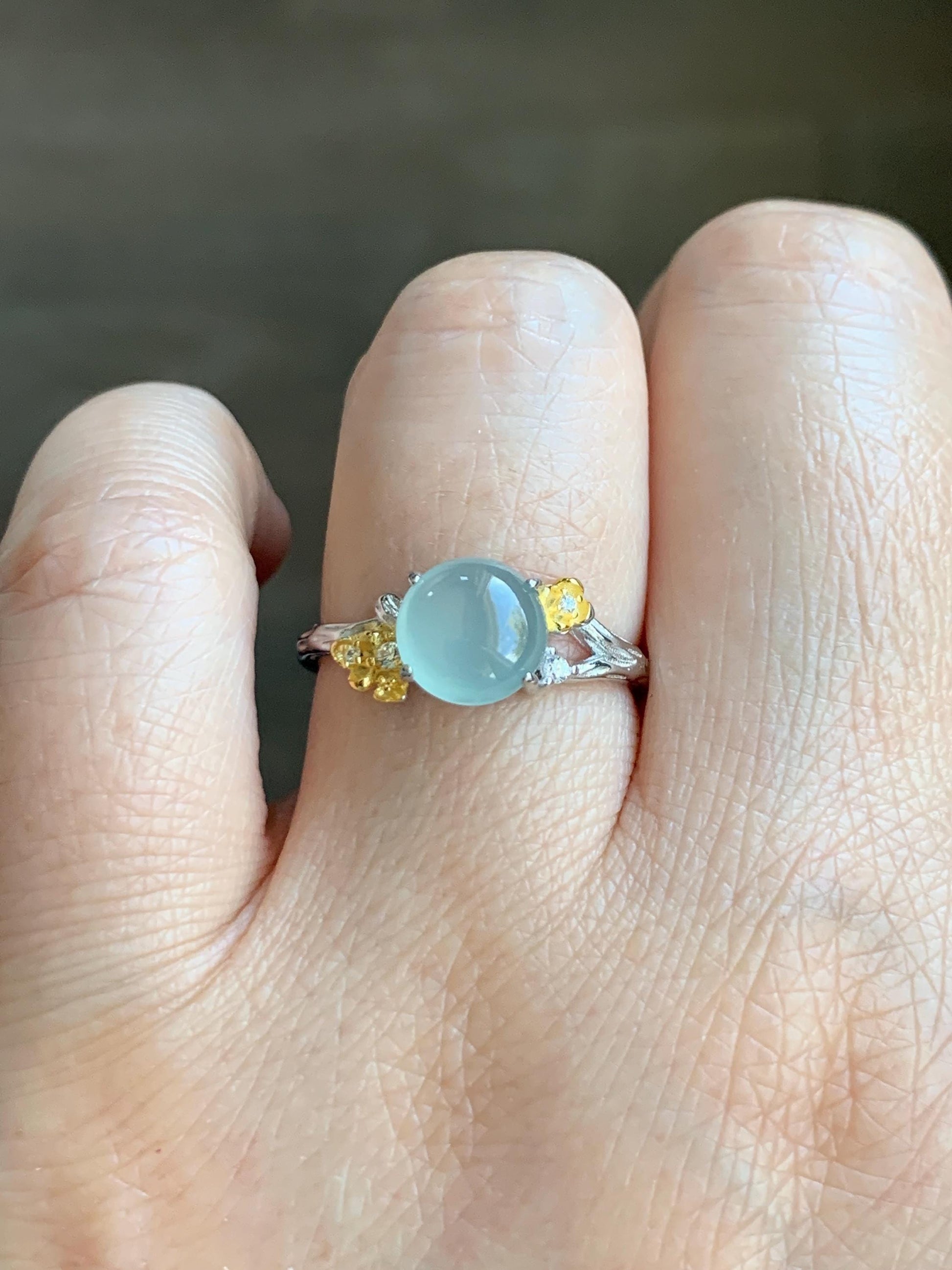 Natural Guatemalan Icy Highly Translucent Pastel Blue Jadeite Cherry Blossom Branch Ring Sterling Silver Adjustable 天然冰危淡蓝起光翡翠梅花枝银镶戒指 MHZH-A