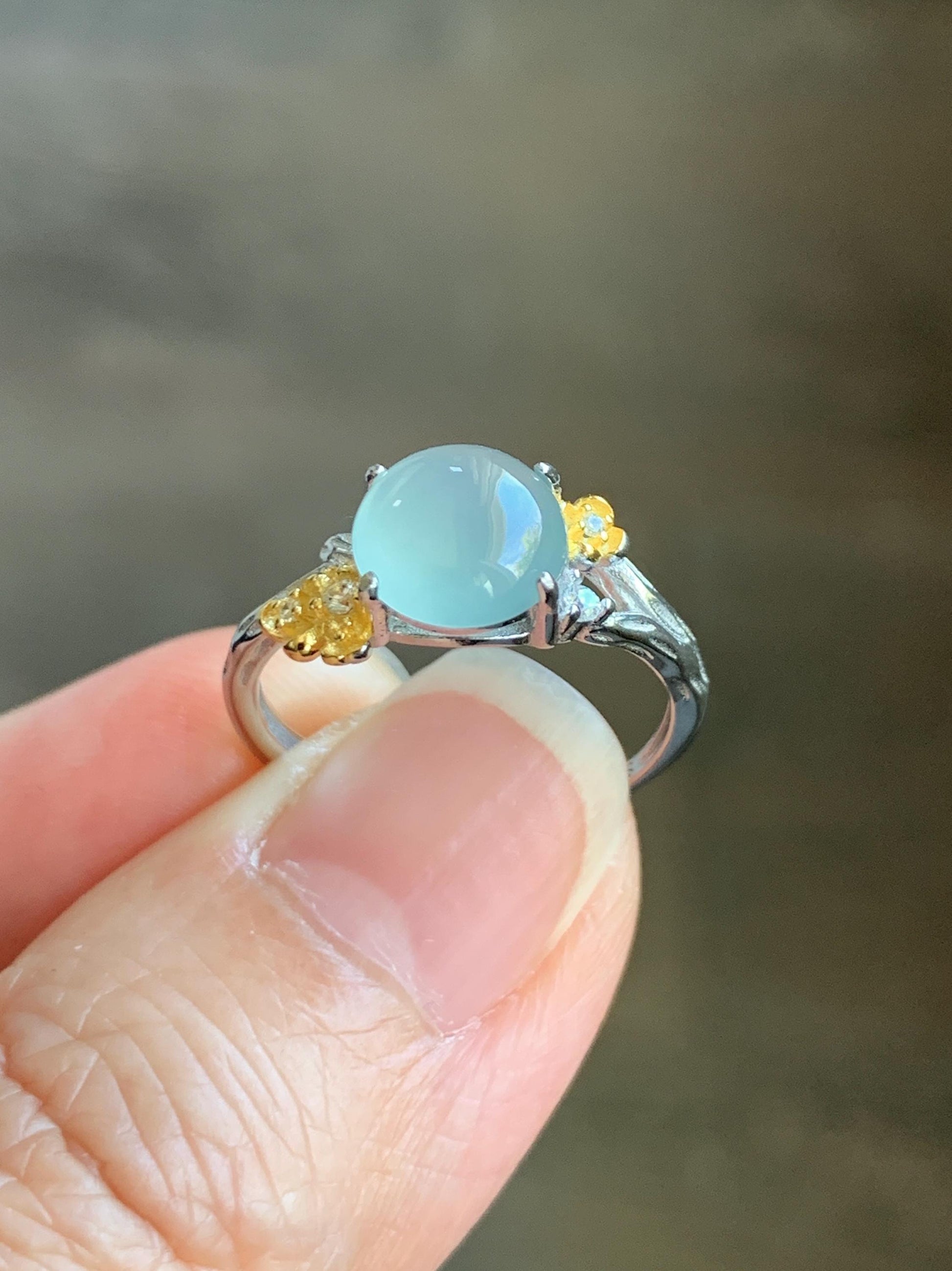 Natural Guatemalan Icy Highly Translucent Pastel Blue Jadeite Cherry Blossom Branch Ring Sterling Silver Adjustable 天然冰危淡蓝起光翡翠梅花枝银镶戒指 MHZH-A