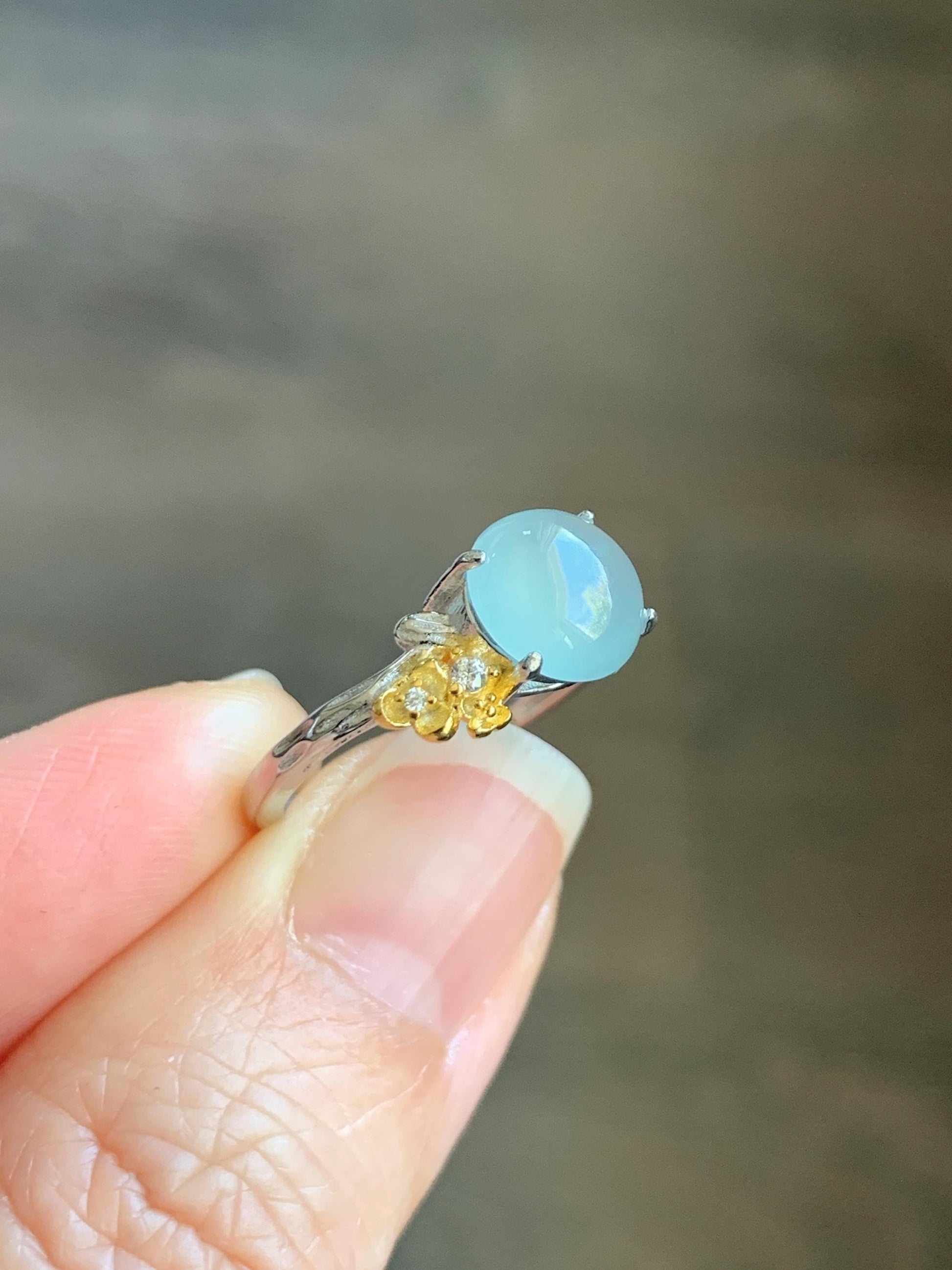 Natural Guatemalan Icy Highly Translucent Pastel Blue Jadeite Cherry Blossom Branch Ring Sterling Silver Adjustable 天然冰危淡蓝起光翡翠梅花枝银镶戒指 MHZH-A