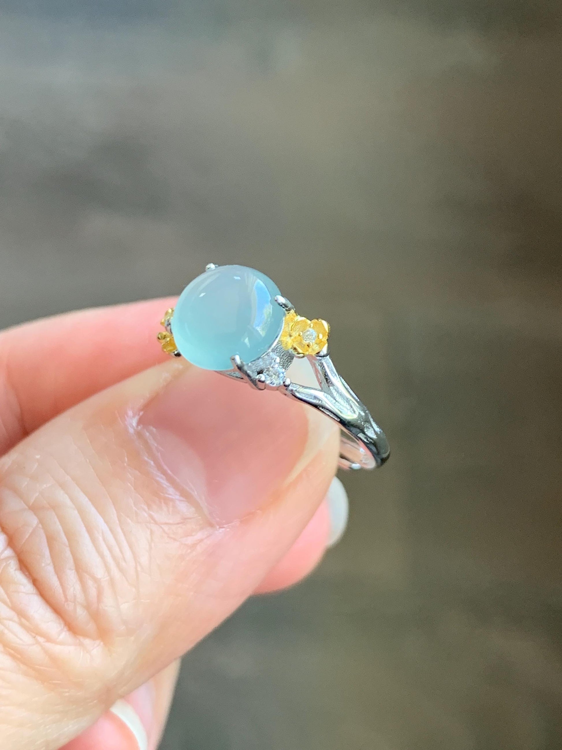 Natural Guatemalan Icy Highly Translucent Pastel Blue Jadeite Cherry Blossom Branch Ring Sterling Silver Adjustable 天然冰危淡蓝起光翡翠梅花枝银镶戒指 MHZH-A