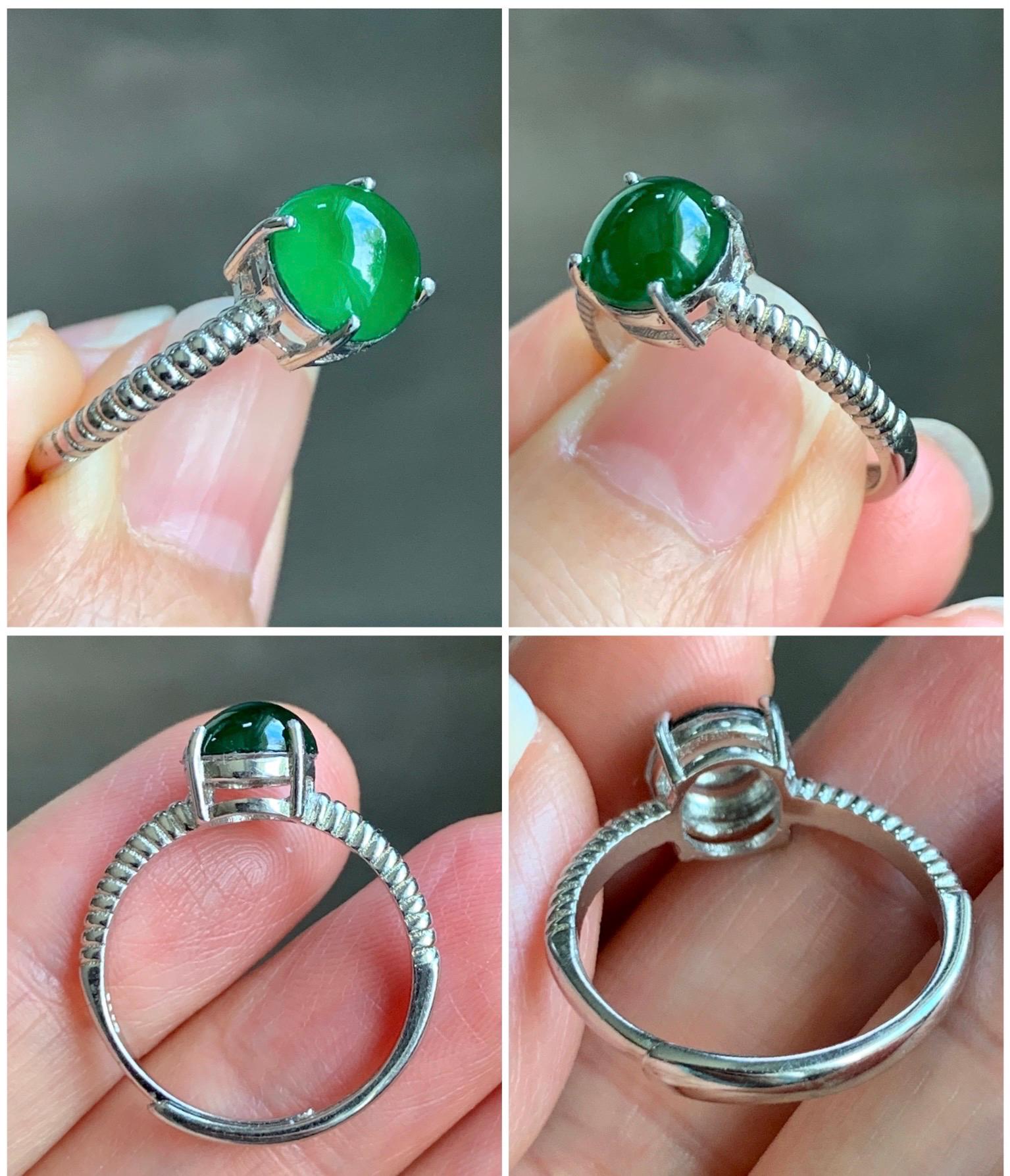 Natural Grade A Guatemalan Icy Translucent Vibrant Green Jadeite Solitaire Style Ring Sterling Silver Size Adjustable 天然冰危绿翡翠银镶戒指 XZJ88