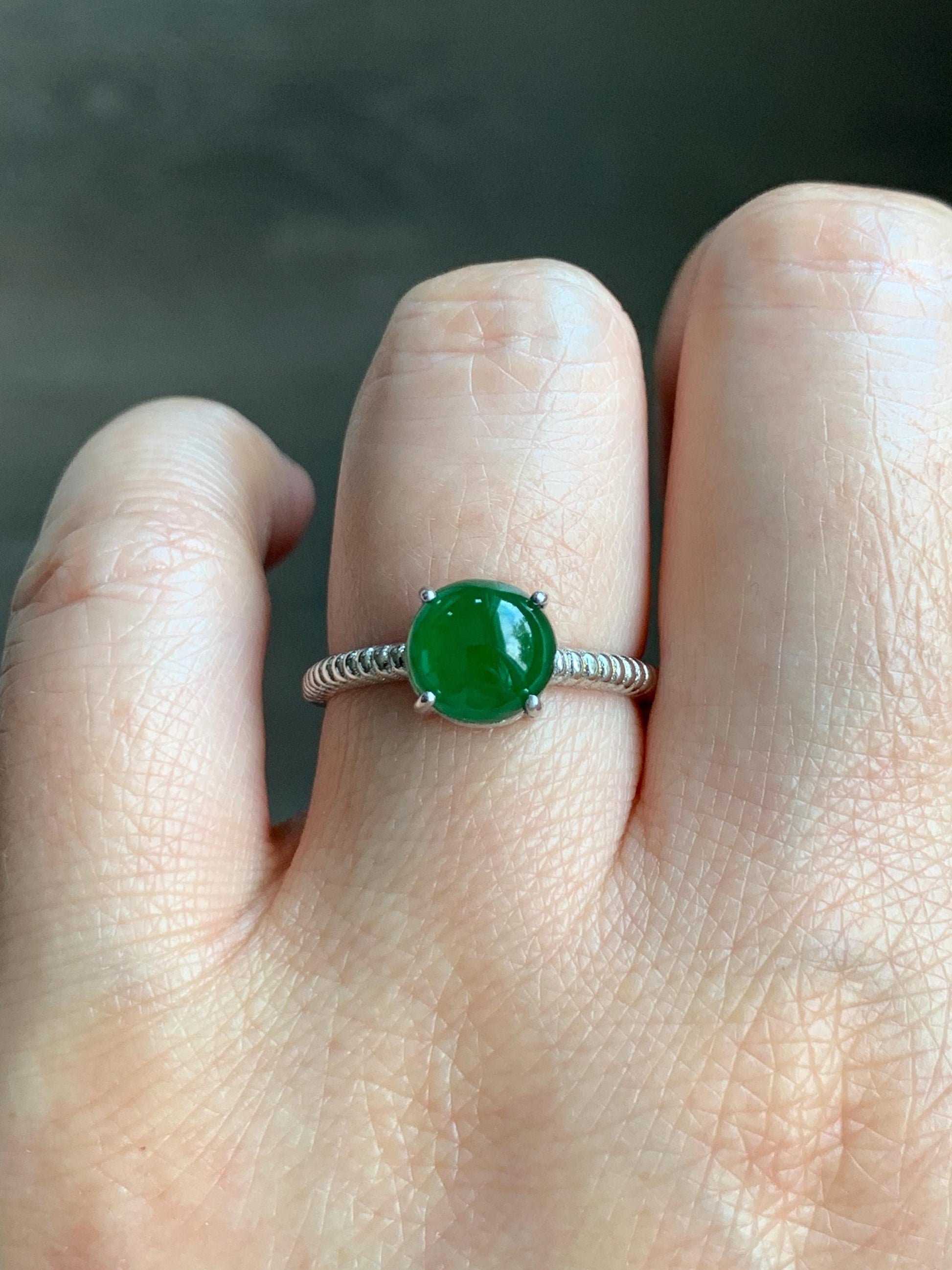 Natural Grade A Guatemalan Icy Translucent Vibrant Green Jadeite Solitaire Style Ring Sterling Silver Size Adjustable 天然冰危绿翡翠银镶戒指 XZJ88