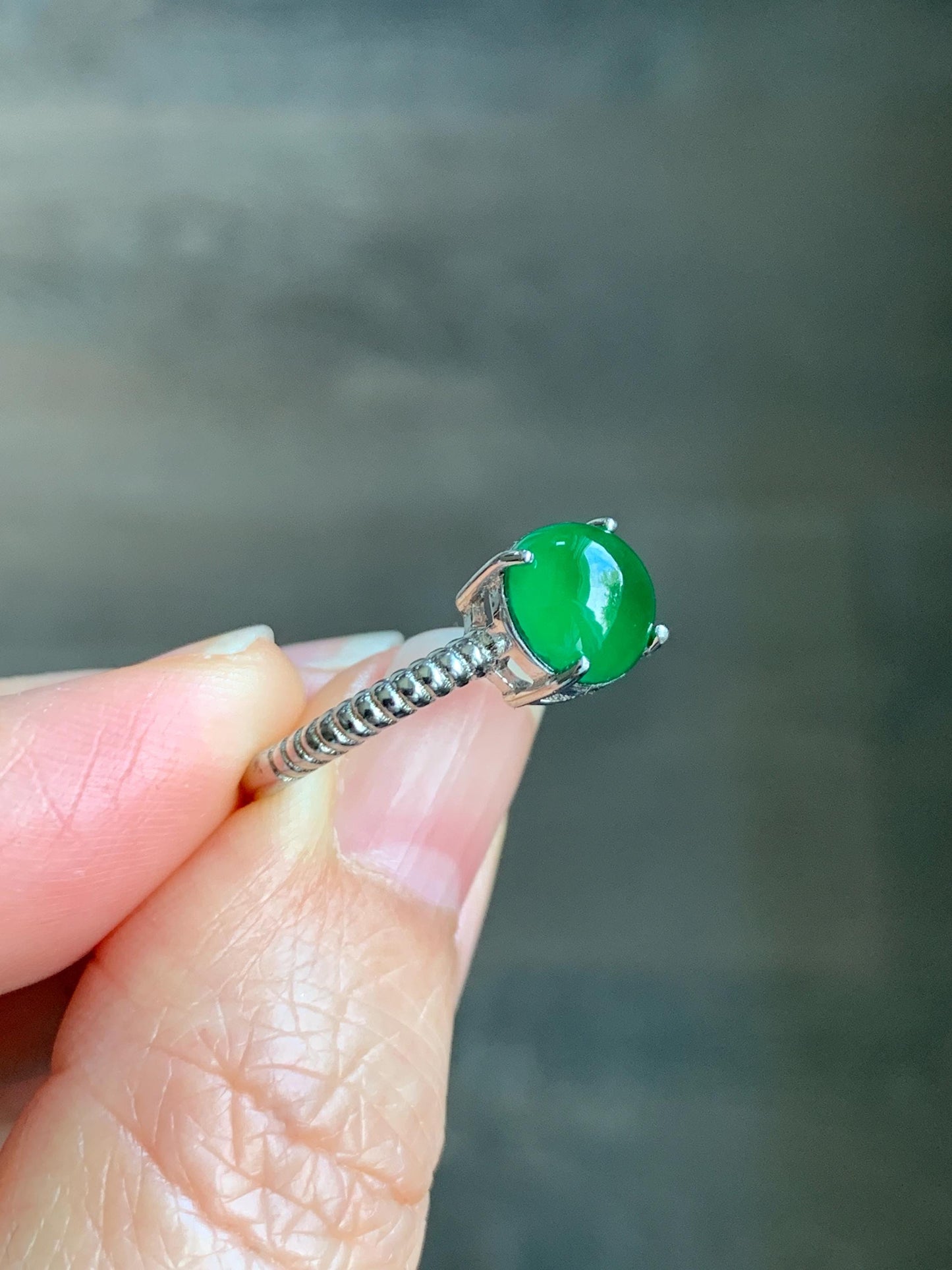 Natural Grade A Guatemalan Icy Translucent Vibrant Green Jadeite Solitaire Style Ring Sterling Silver Size Adjustable 天然冰危绿翡翠银镶戒指 XZJ88