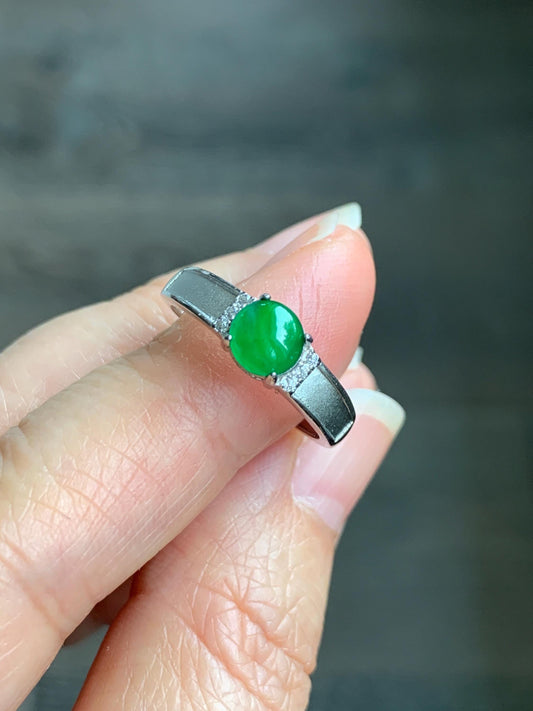 Natural Grade A Guatemalan Icy Translucent Vibrant Green Jadeite Band Style Ring Sterling Silver Size Adjustable 天然冰危绿翡翠银镶戒指 KJL66