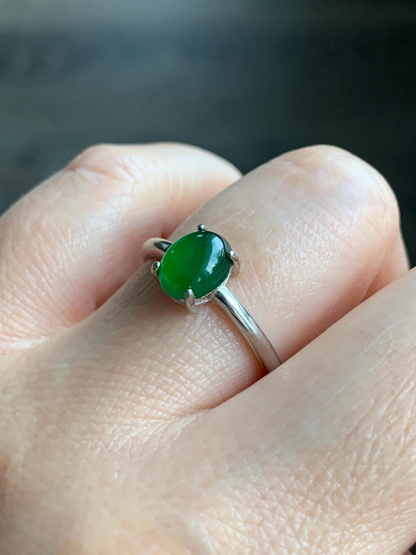 Natural Grade A Guatemalan Icy Translucent Vibrant Green Jadeite Solitaire Style Ring Sterling Silver Size Adjustable 天然冰危绿翡翠银镶戒指 TYL77
