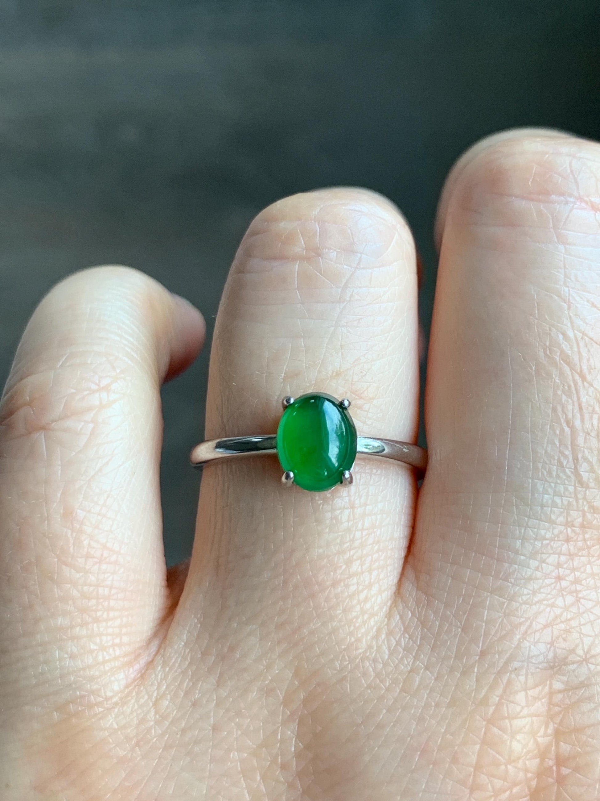 Natural Grade A Guatemalan Icy Translucent Vibrant Green Jadeite Solitaire Style Ring Sterling Silver Size Adjustable 天然冰危绿翡翠银镶戒指 TYL77