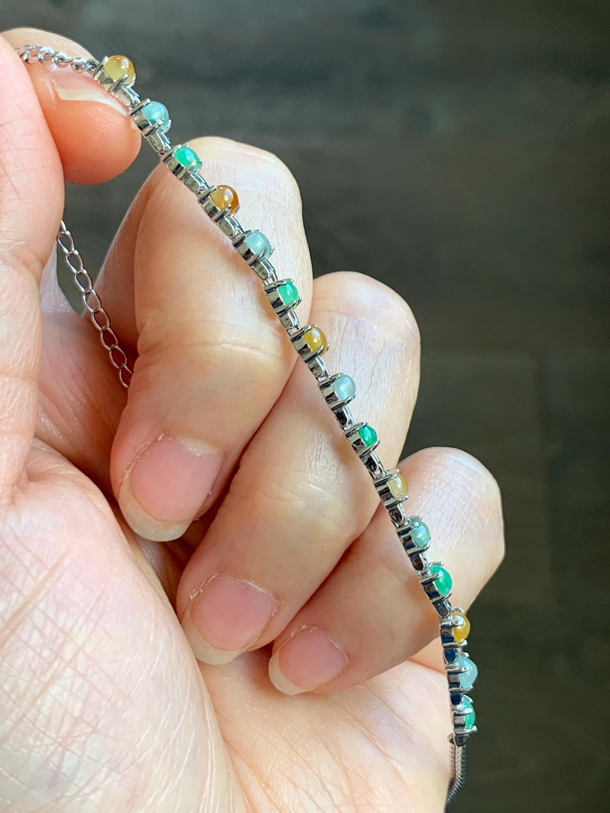 Certified Natural Grade A Icy Translucent Multicolored Jadeite Link Chain Style Bracelet Sterling Silver 6.25”-7.5” 4.3g 天然冰多宝翡翠银镶手链 1150