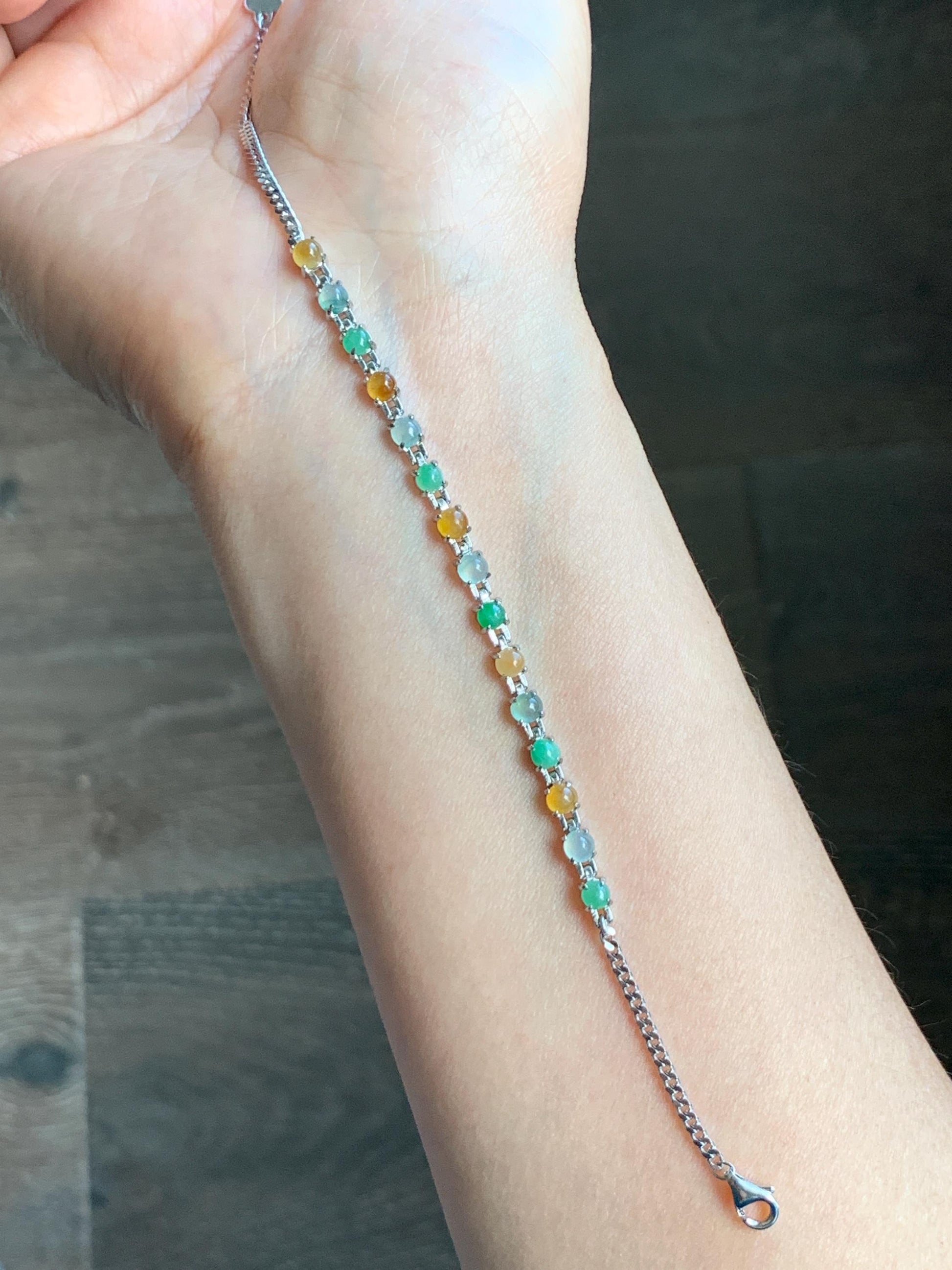 Certified Natural Grade A Icy Translucent Multicolored Jadeite Link Chain Style Bracelet Sterling Silver 6.25”-7.5” 4.3g 天然冰多宝翡翠银镶手链 1150
