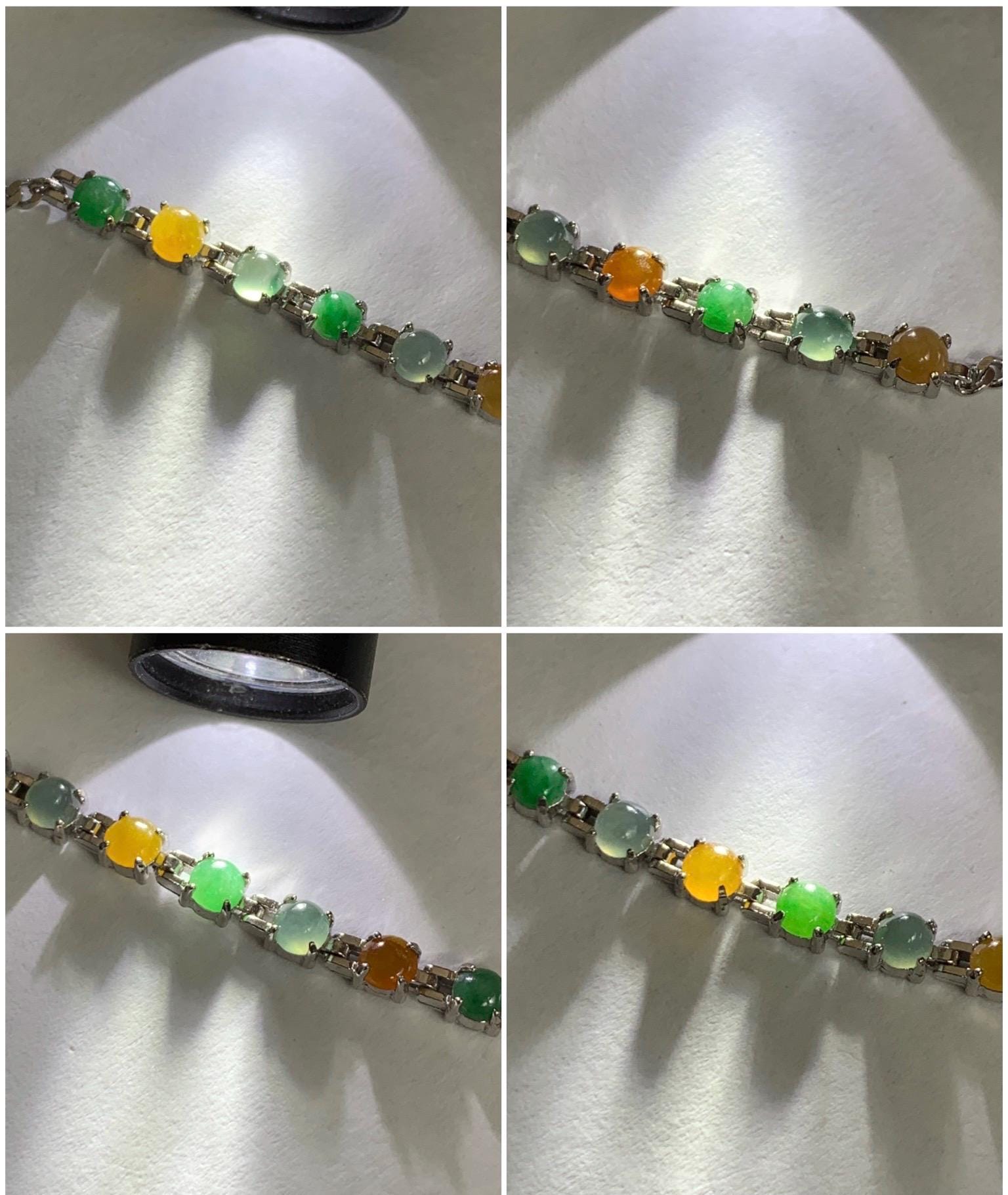Certified Natural Grade A Icy Translucent Multicolored Jadeite Link Chain Style Bracelet Sterling Silver 6.25”-7.5” 4.3g 天然冰多宝翡翠银镶手链 1151