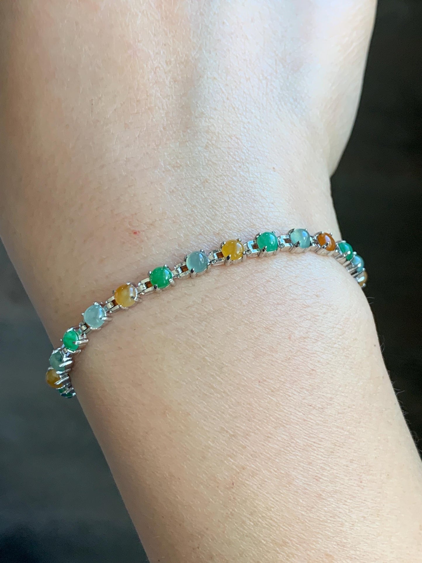 Certified Natural Grade A Icy Translucent Multicolored Jadeite Link Chain Style Bracelet Sterling Silver 6.25”-7.5” 4.3g 天然冰多宝翡翠银镶手链 1151