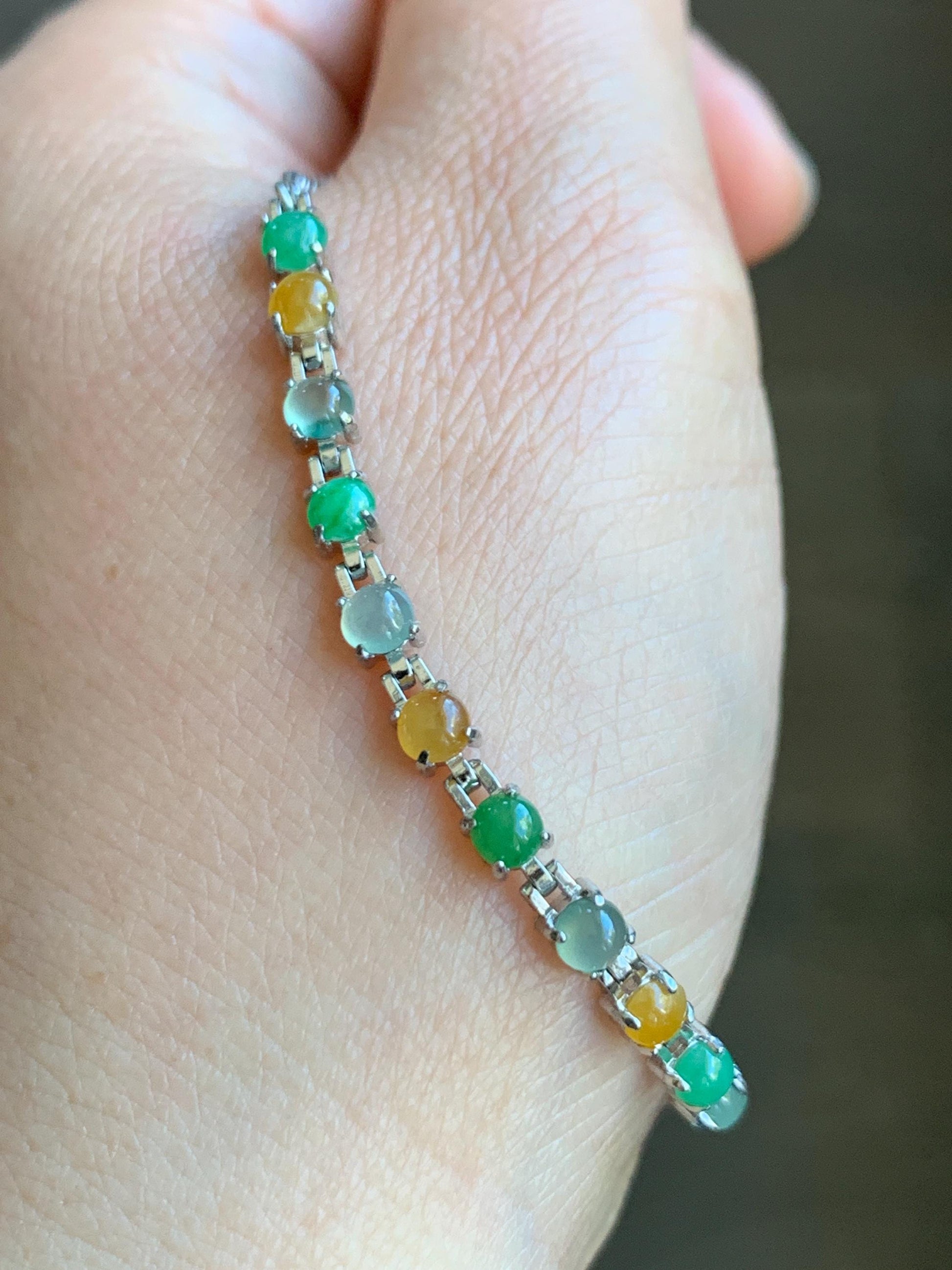 Certified Natural Grade A Icy Translucent Multicolored Jadeite Link Chain Style Bracelet Sterling Silver 6.25”-7.5” 4.3g 天然冰多宝翡翠银镶手链 1151
