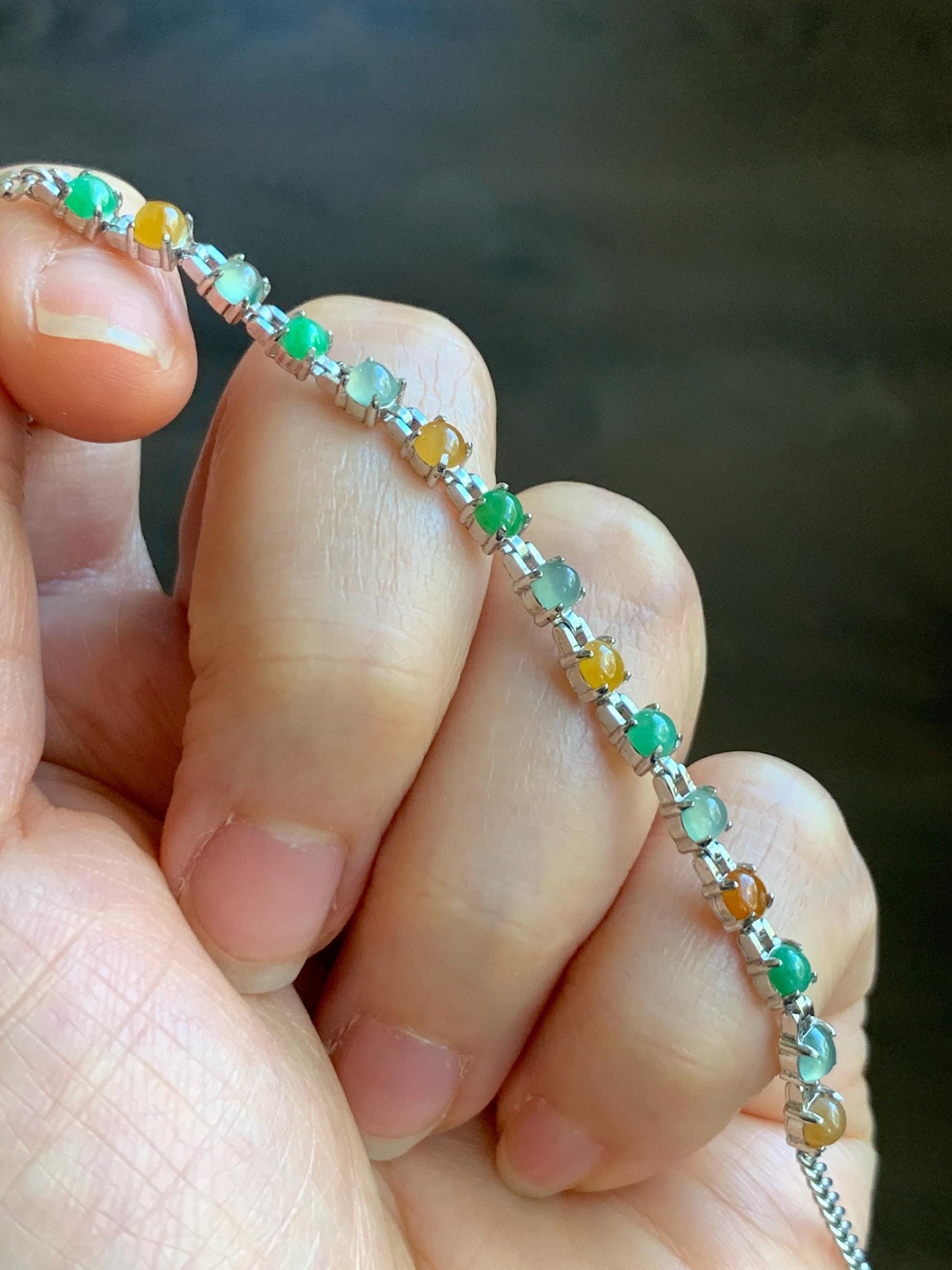 Certified Natural Grade A Icy Translucent Multicolored Jadeite Link Chain Style Bracelet Sterling Silver 6.25”-7.5” 4.3g 天然冰多宝翡翠银镶手链 1151