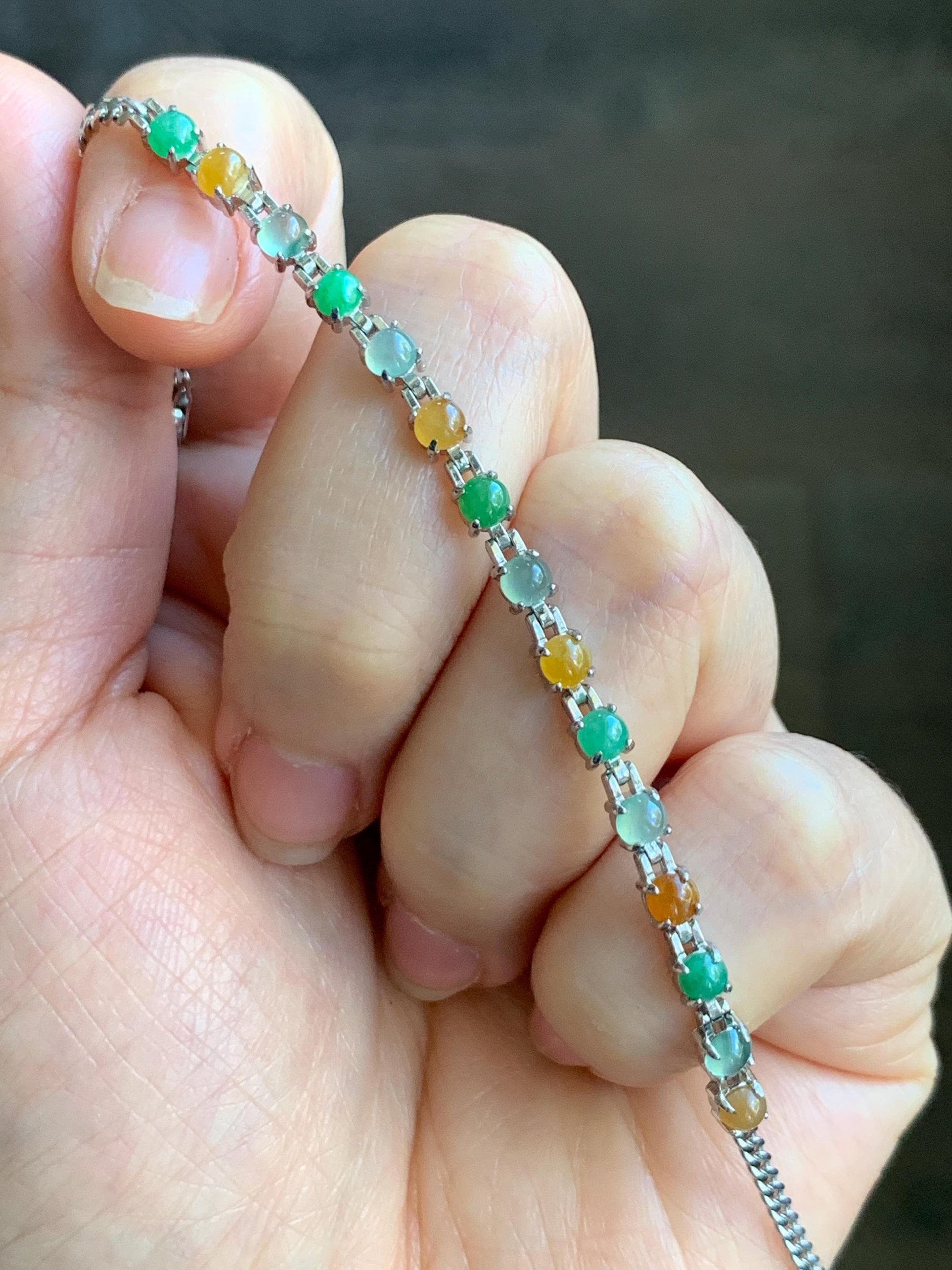 Certified Natural Grade A Icy Translucent Multicolored Jadeite Link Chain Style Bracelet Sterling Silver 6.25”-7.5” 4.3g 天然冰多宝翡翠银镶手链 1151