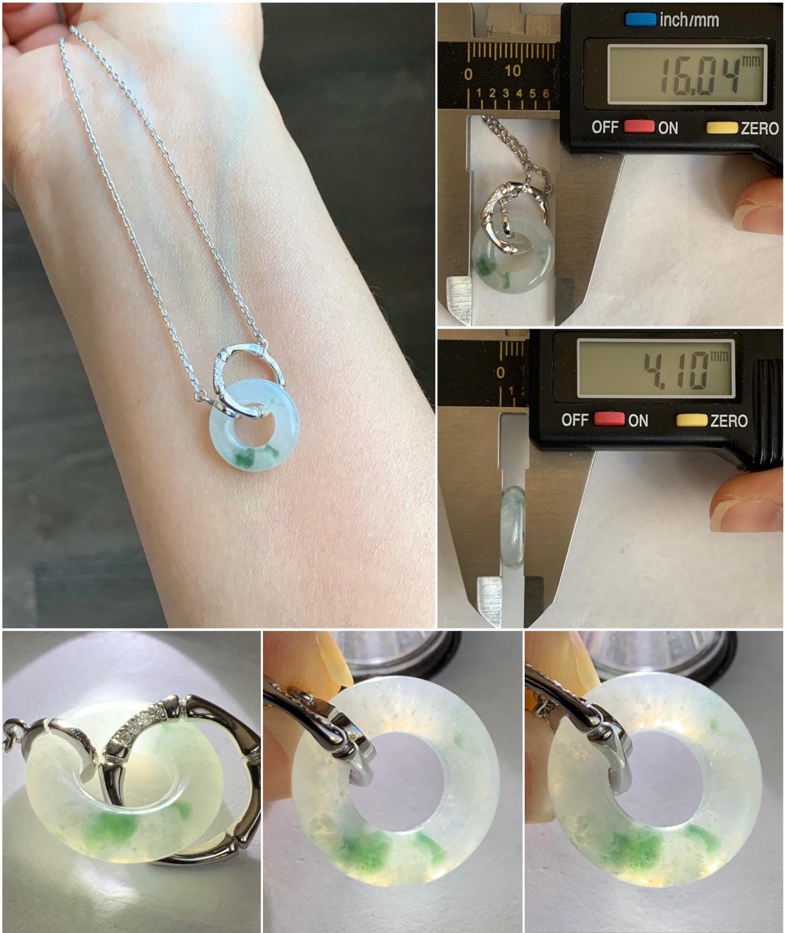 Natural Grade A Icy Translucent Green Marbled White Jadeite Mini Ping An Kou Donut Necklace Sterling Silver 16”-18” 天然白冰飘花翡翠迷你平安扣锁骨链 PHP132