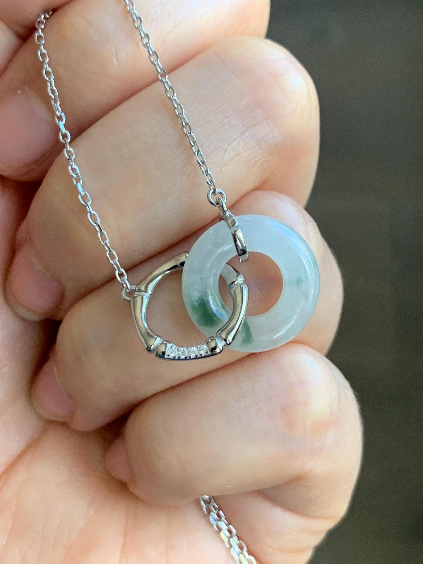 Natural Grade A Icy Translucent Green Marbled White Jadeite Mini Ping An Kou Donut Necklace Sterling Silver 16”-18” 天然白冰飘花翡翠迷你平安扣锁骨链 PHP132