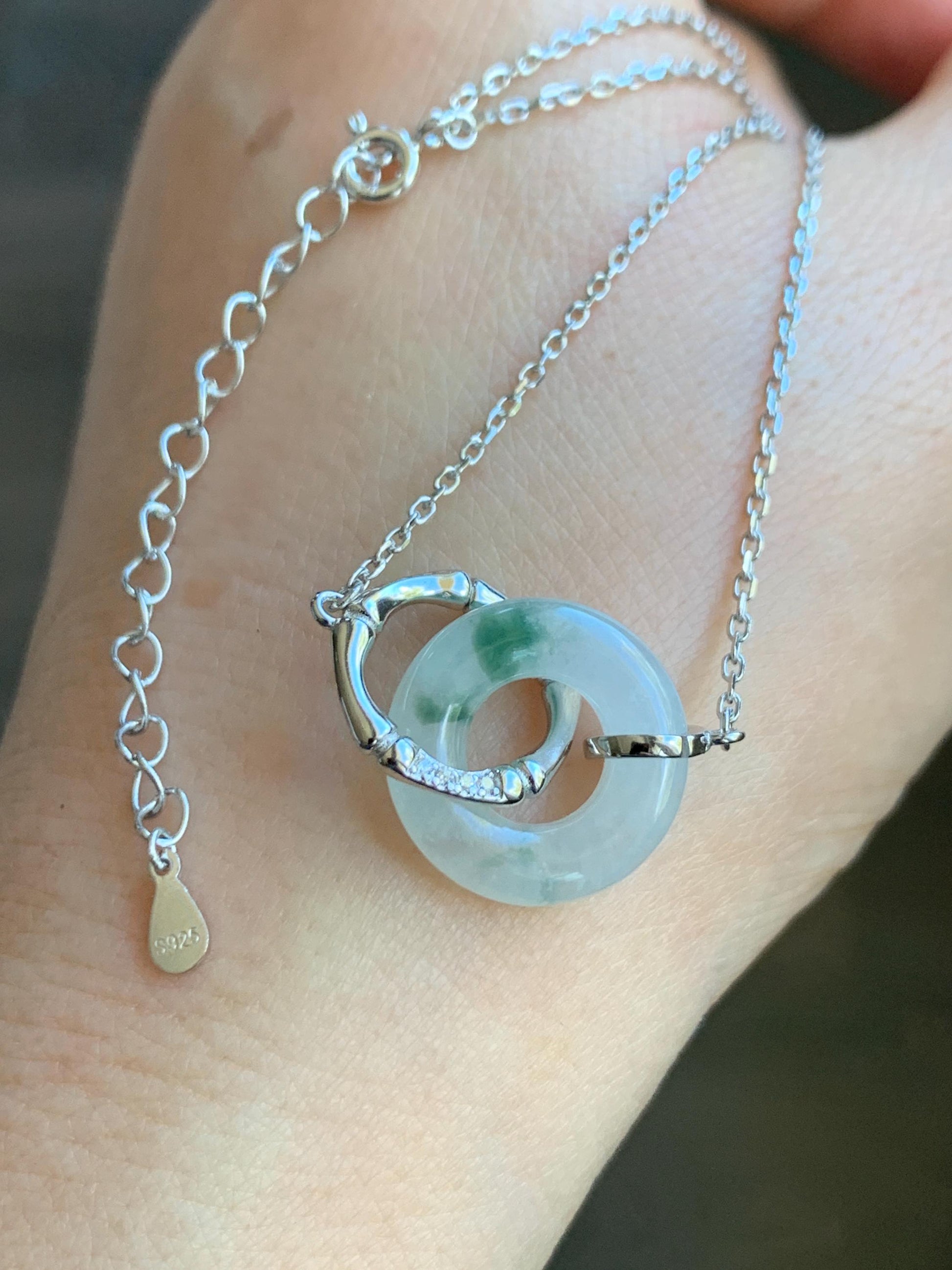 Natural Grade A Icy Translucent Green Marbled White Jadeite Mini Ping An Kou Donut Necklace Sterling Silver 16”-18” 天然白冰飘花翡翠迷你平安扣锁骨链 PHP132