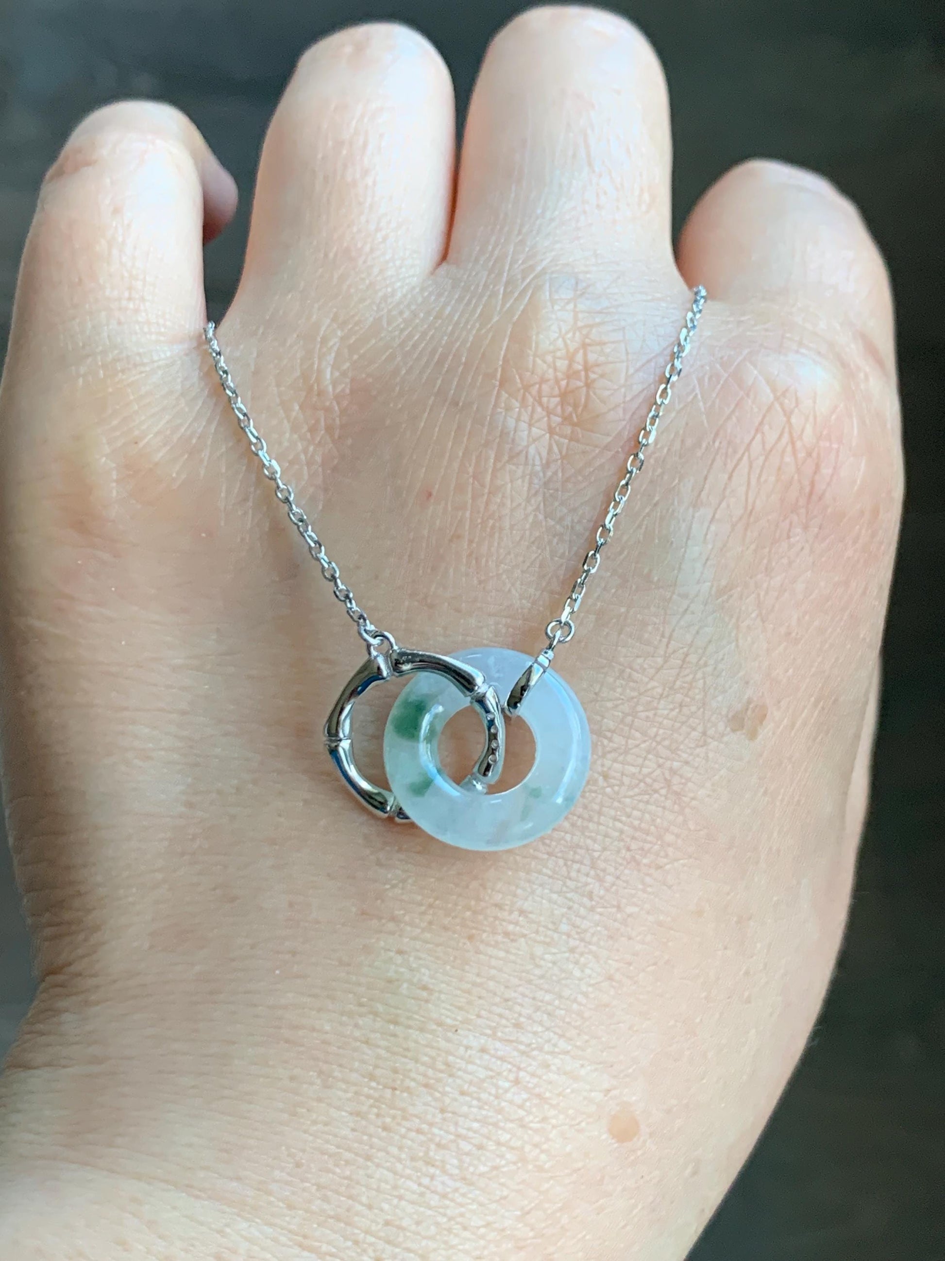 Natural Grade A Icy Translucent Green Marbled White Jadeite Mini Ping An Kou Donut Necklace Sterling Silver 16”-18” 天然白冰飘花翡翠迷你平安扣锁骨链 PHP132