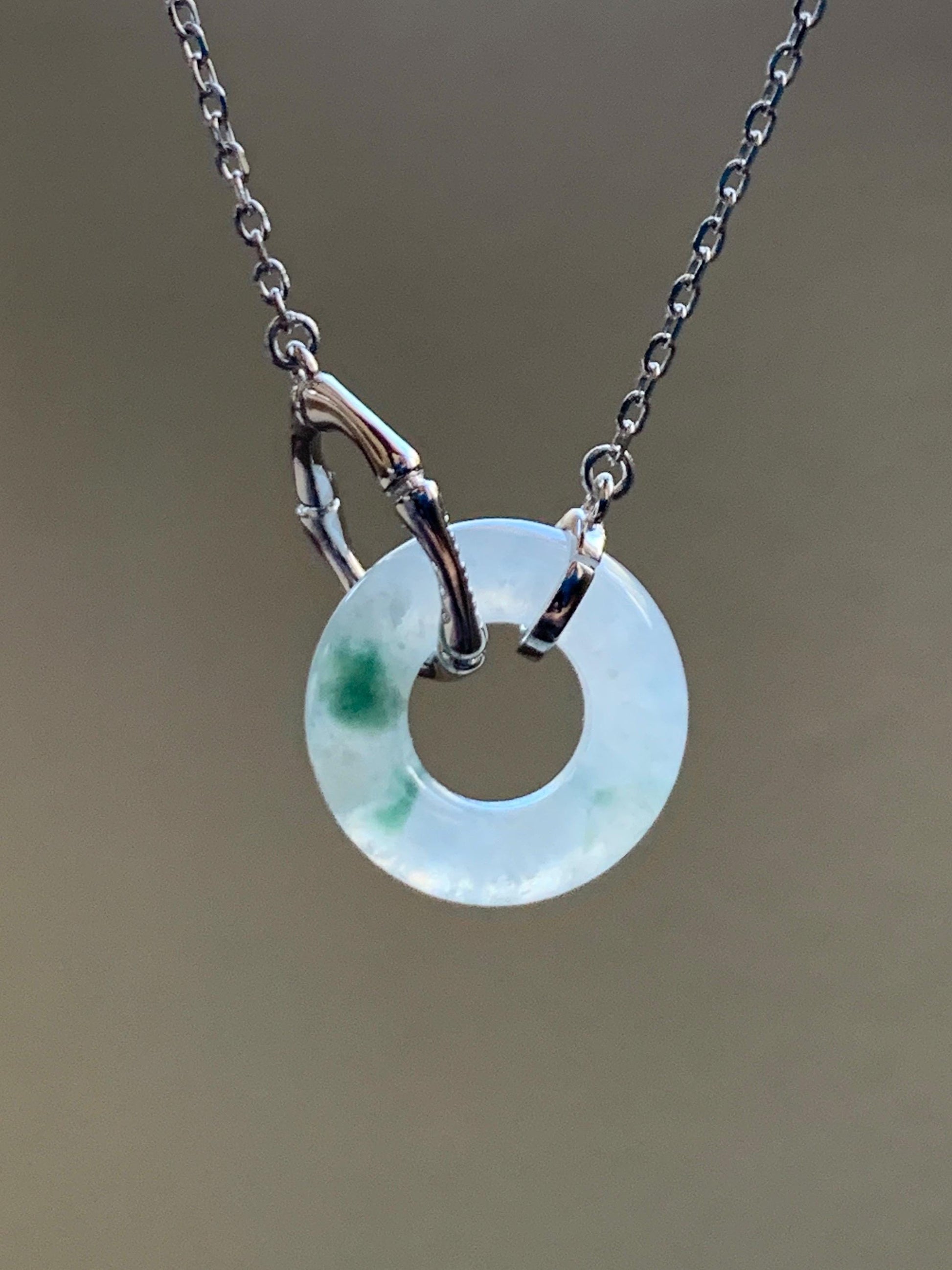 Natural Grade A Icy Translucent Green Marbled White Jadeite Mini Ping An Kou Donut Necklace Sterling Silver 16”-18” 天然白冰飘花翡翠迷你平安扣锁骨链 PHP132