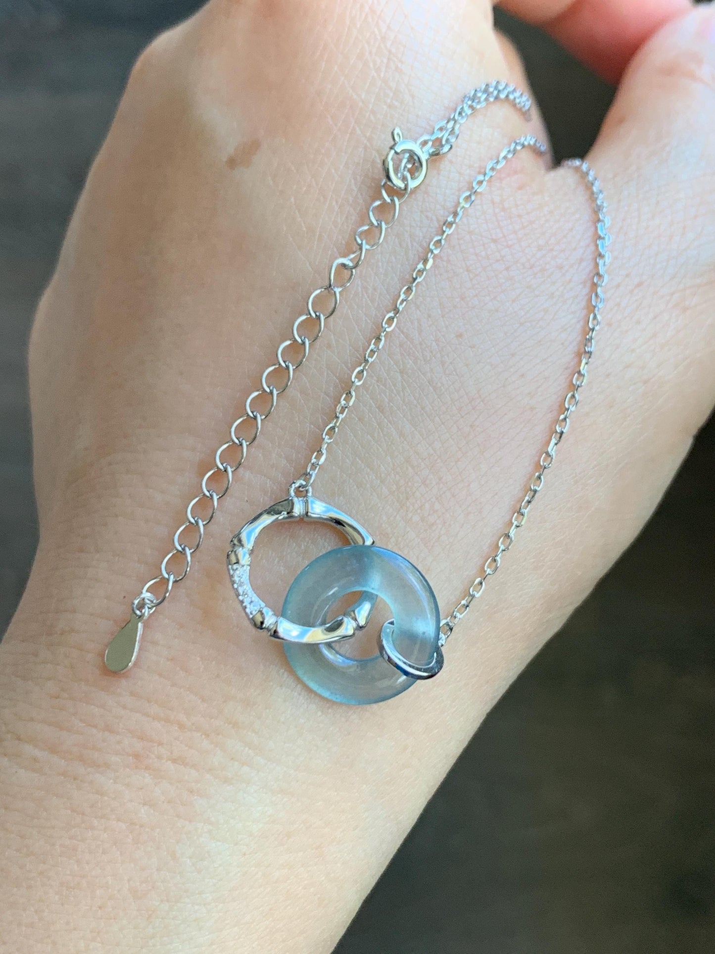 Natural Guatemalan Icy Highly Translucent Blue Jadeite Mini Ping An Kou Donut Necklace Sterling Silver 16”-17.75” 3g 天然冰危蓝翡翠迷你平安扣锁骨链 WLP88