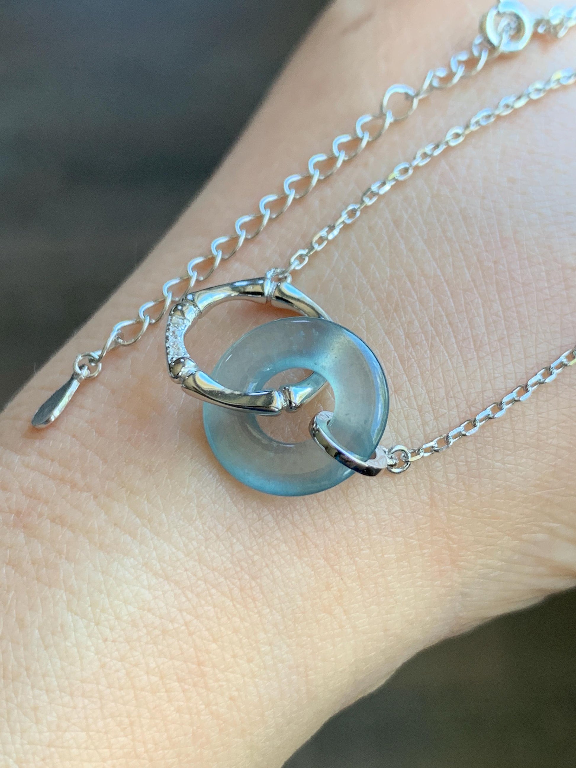 Natural Guatemalan Icy Highly Translucent Blue Jadeite Mini Ping An Kou Donut Necklace Sterling Silver 16”-17.75” 3g 天然冰危蓝翡翠迷你平安扣锁骨链 WLP88