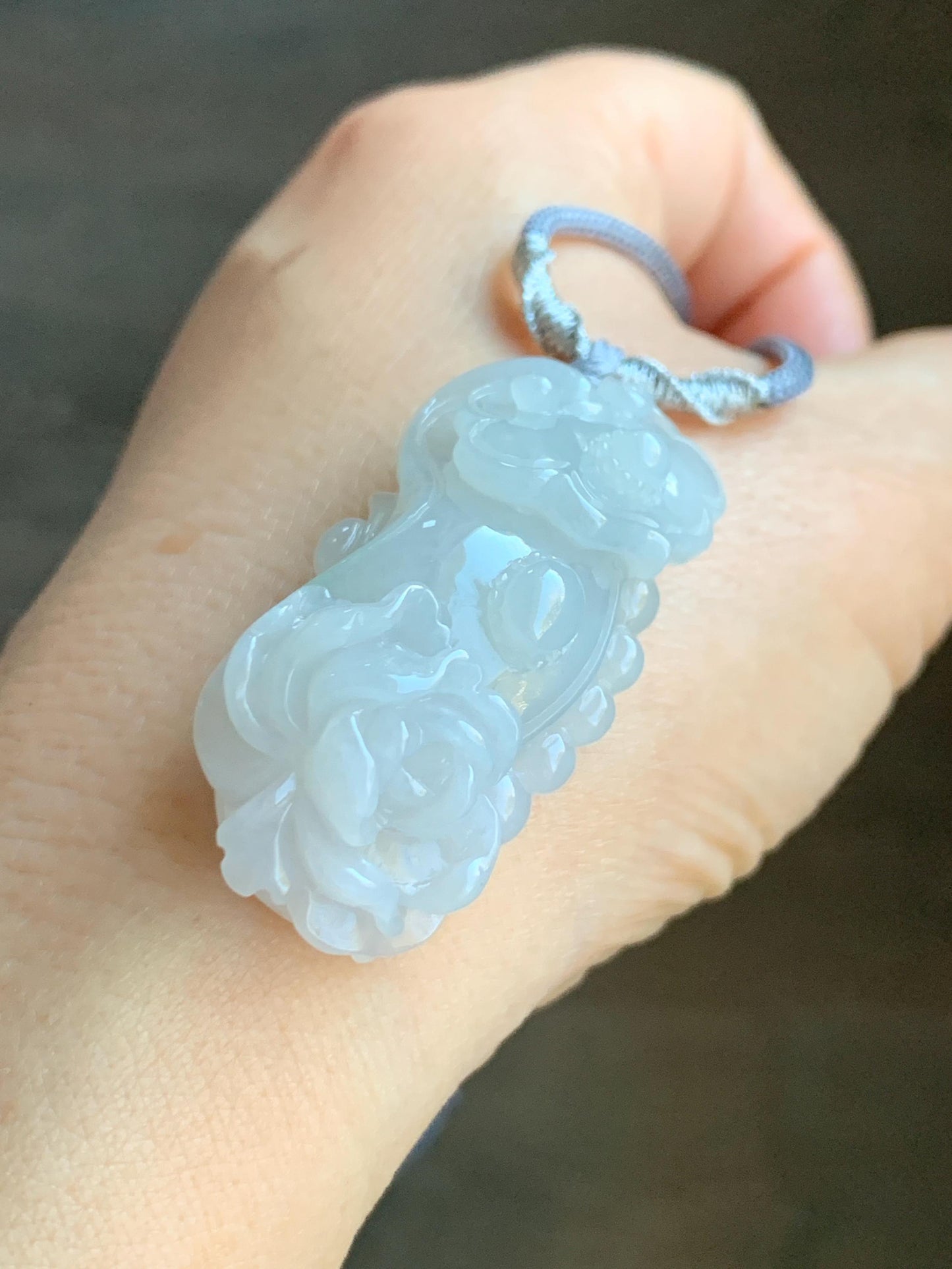 Certified Natural Grade A Icy Translucent Gelatinous Jadeite Carved Ruyi Peony Flower Pendant Rope Necklace 25" 20g 天然冰胶翡翠如意牡丹吊坠项链 3013