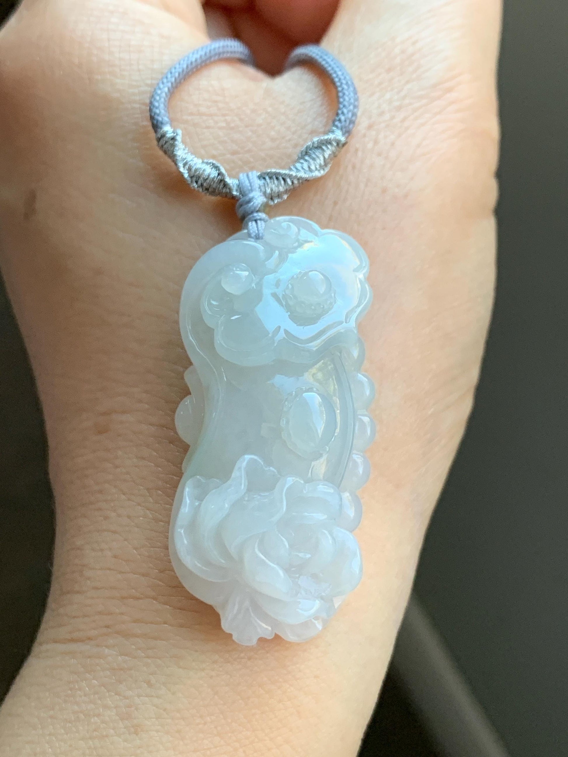 Certified Natural Grade A Icy Translucent Gelatinous Jadeite Carved Ruyi Peony Flower Pendant Rope Necklace 25" 20g 天然冰胶翡翠如意牡丹吊坠项链 3013