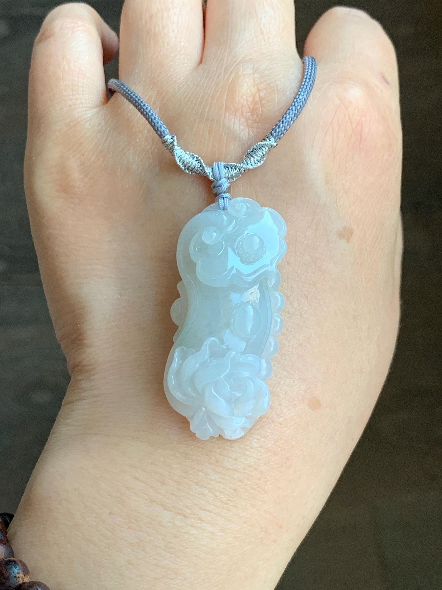 Certified Natural Grade A Icy Translucent Gelatinous Jadeite Carved Ruyi Peony Flower Pendant Rope Necklace 25" 20g 天然冰胶翡翠如意牡丹吊坠项链 3013