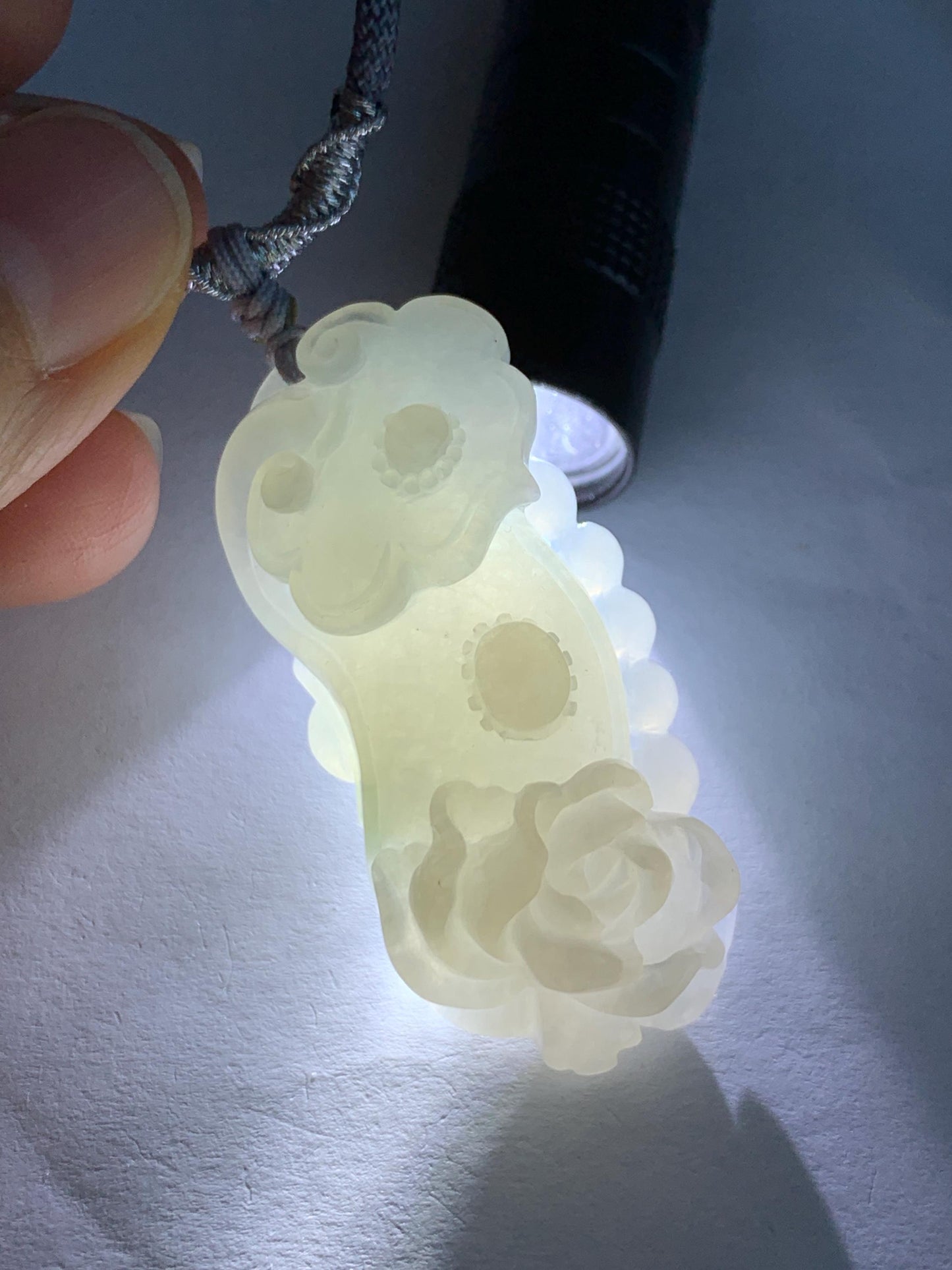 Certified Natural Grade A Icy Translucent Gelatinous Jadeite Carved Ruyi Peony Flower Pendant Rope Necklace 25" 20g 天然冰胶翡翠如意牡丹吊坠项链 3013