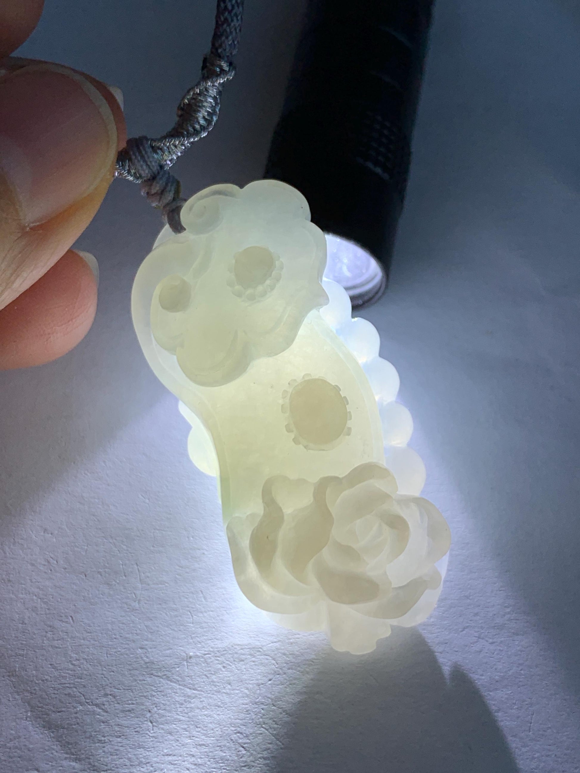 Certified Natural Grade A Icy Translucent Gelatinous Jadeite Carved Ruyi Peony Flower Pendant Rope Necklace 25" 20g 天然冰胶翡翠如意牡丹吊坠项链 3013