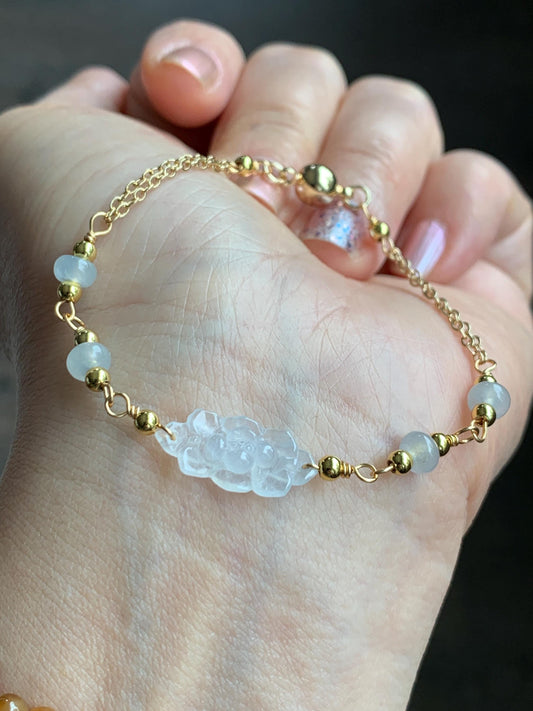 Natural Grade A Icy Highly Translucent White Jadeite Lotus Flower Chain Bracelet 14K Gold Filled Magnetic Clasp 6.25” 天然白冰翡翠莲花14K包金手链 BLK66B