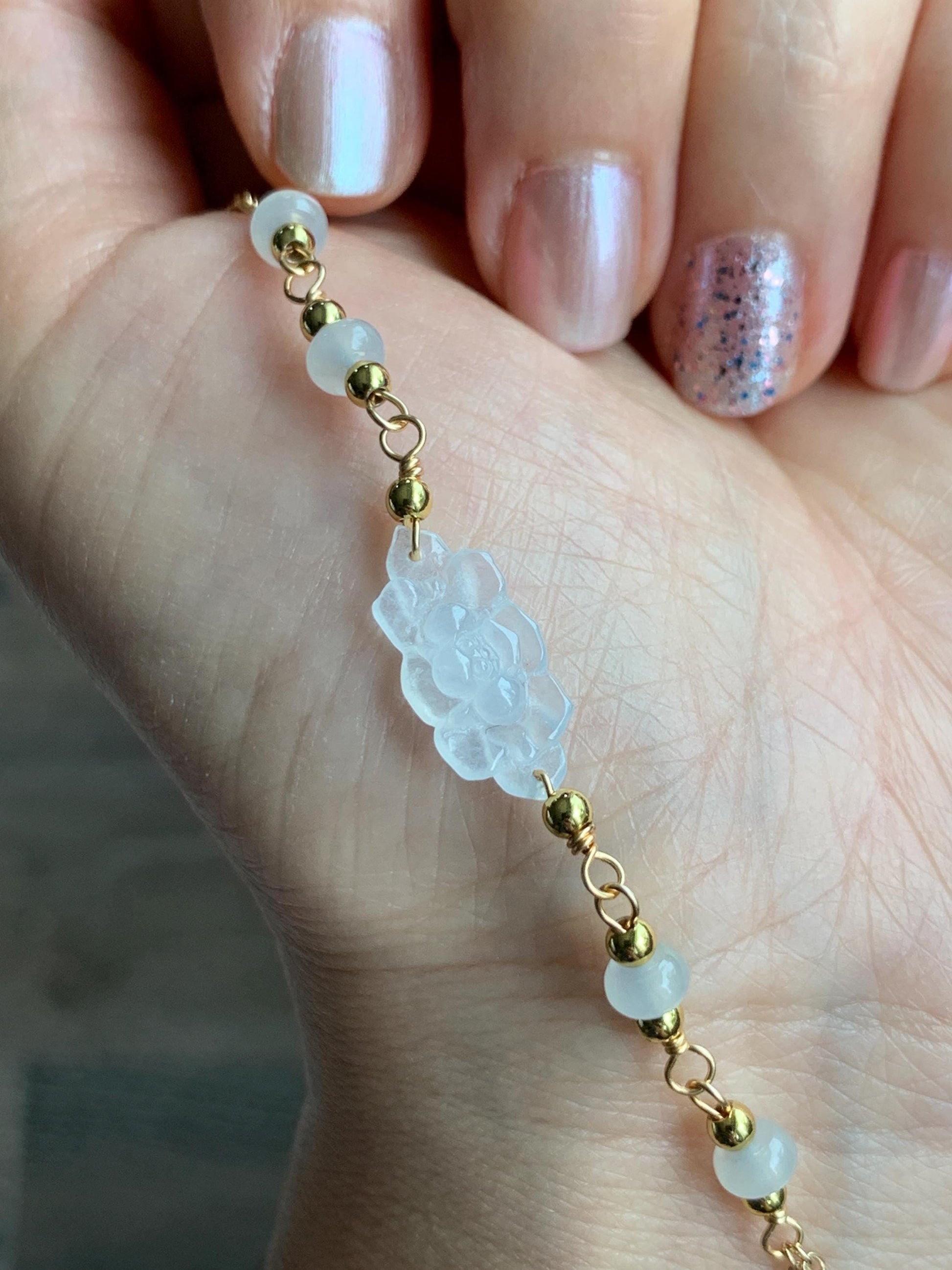 Natural Grade A Icy Highly Translucent White Jadeite Lotus Flower Chain Bracelet 14K Gold Filled Magnetic Clasp 6.25” 天然白冰翡翠莲花14K包金手链 BLK66B