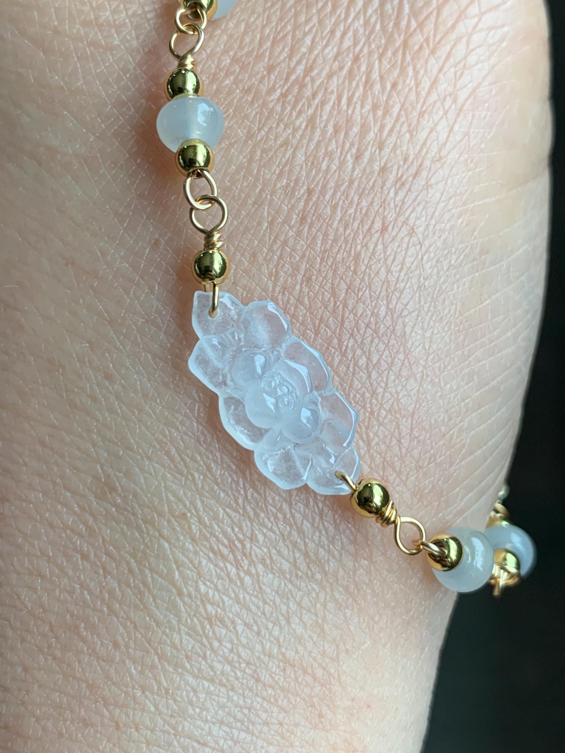 Natural Grade A Icy Highly Translucent White Jadeite Lotus Flower Chain Bracelet 14K Gold Filled Magnetic Clasp 6.25” 天然白冰翡翠莲花14K包金手链 BLK66B