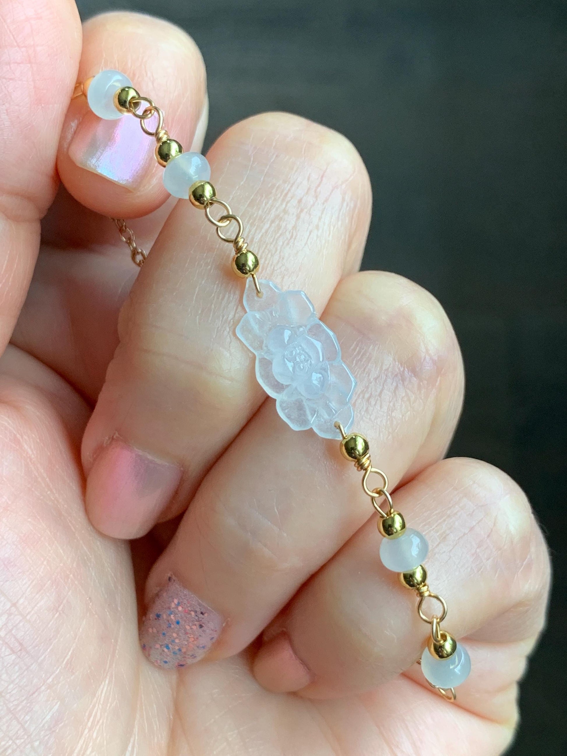 Natural Grade A Icy Highly Translucent White Jadeite Lotus Flower Chain Bracelet 14K Gold Filled Magnetic Clasp 6.25” 天然白冰翡翠莲花14K包金手链 BLK66B