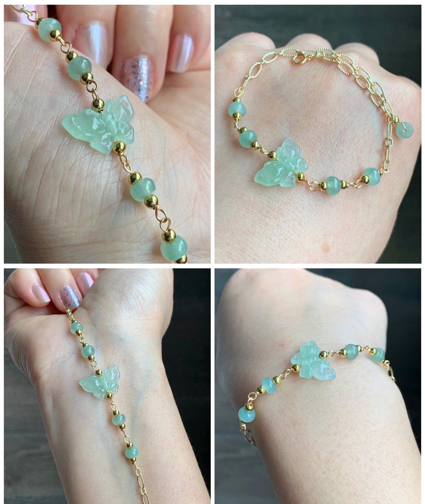 Natural Grade A Icy Highly Translucent Light Green Jadeite Butterfly Chain Bracelet 14K Gold Filled Adjustable 天然冰晴绿翡翠蝴蝶14K包金手链 QLH55