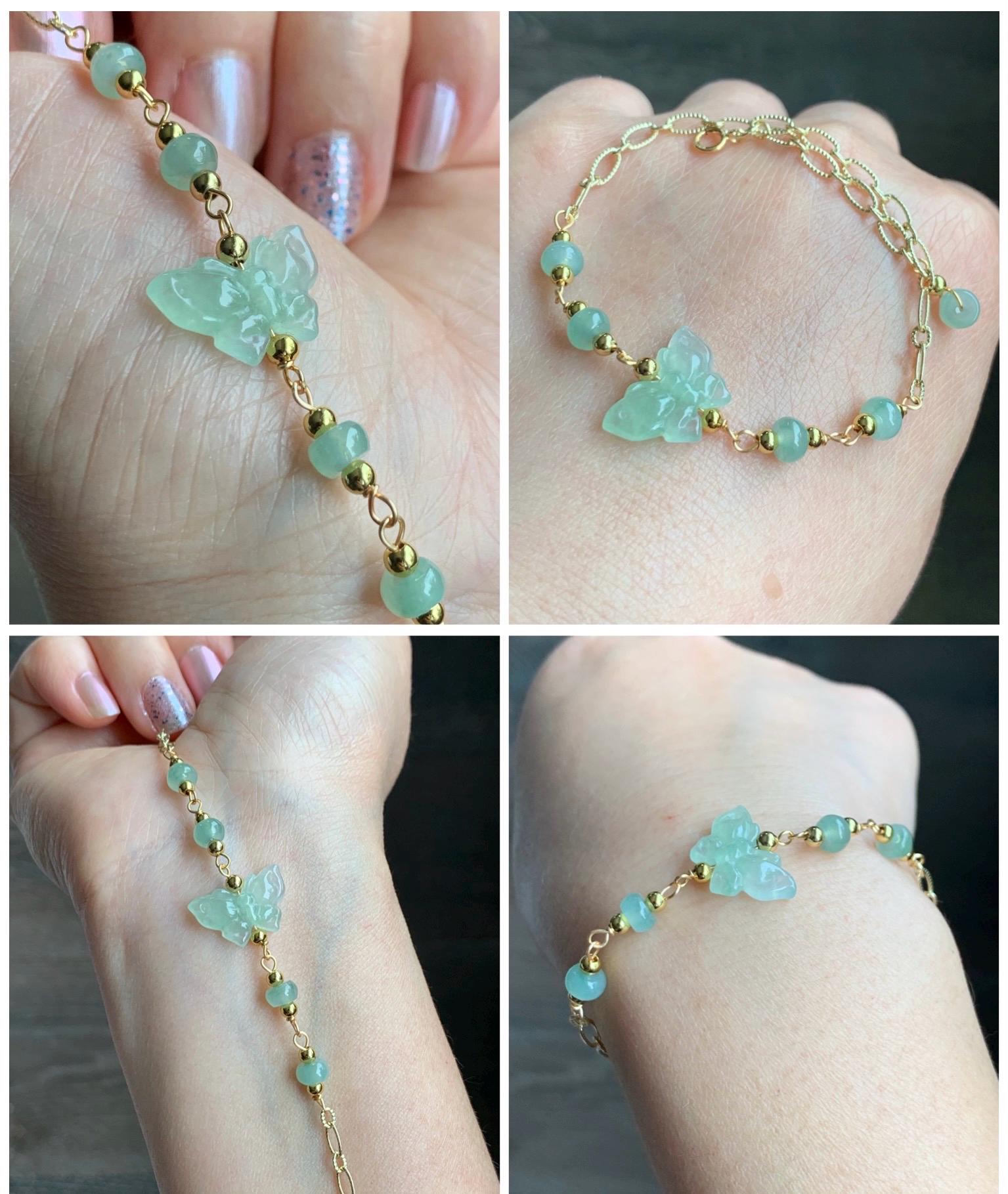 Natural Grade A Icy Highly Translucent Light Green Jadeite Butterfly Chain Bracelet 14K Gold Filled Adjustable 天然冰晴绿翡翠蝴蝶14K包金手链 QLH55
