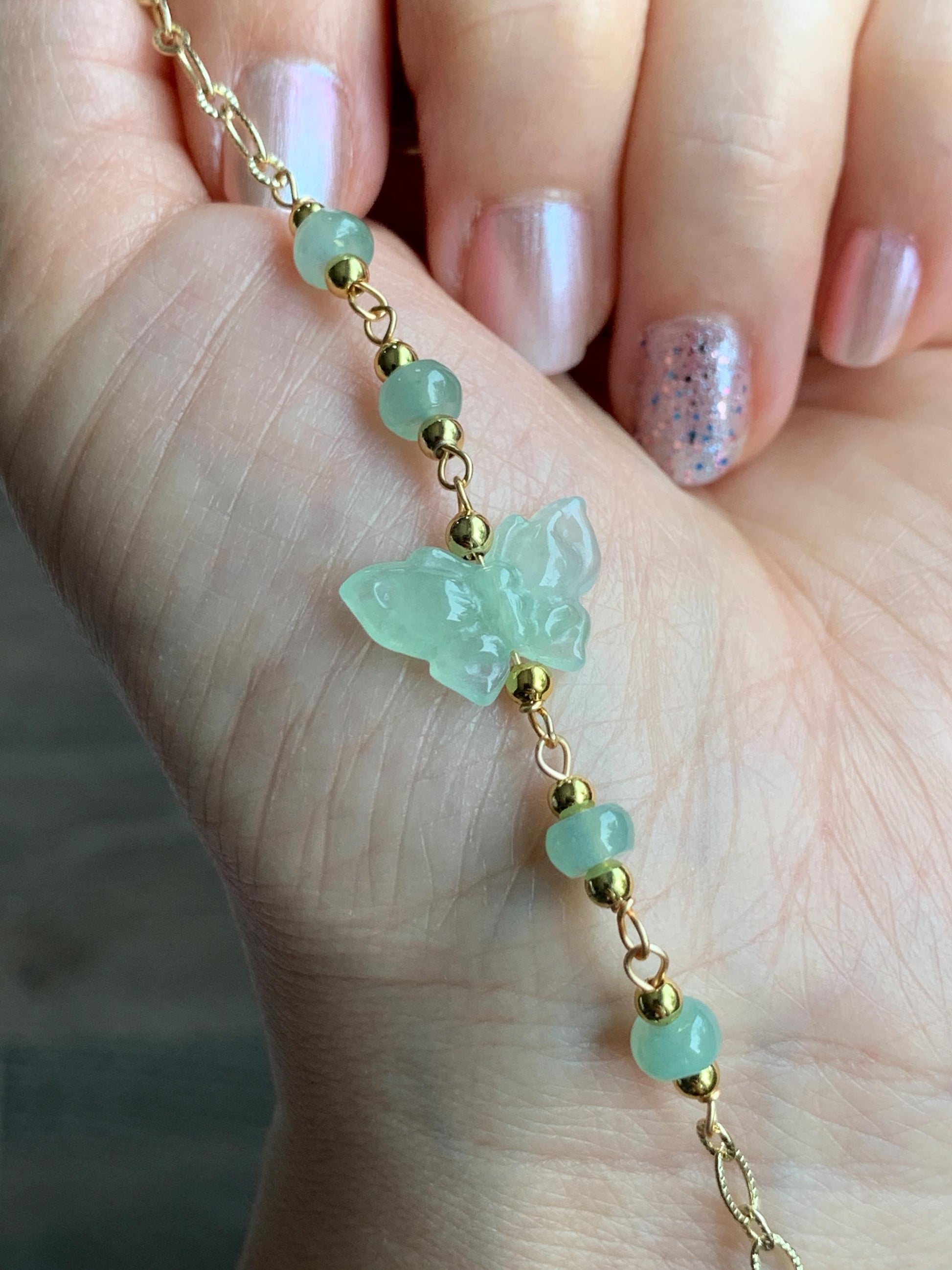 Natural Grade A Icy Highly Translucent Light Green Jadeite Butterfly Chain Bracelet 14K Gold Filled Adjustable 天然冰晴绿翡翠蝴蝶14K包金手链 QLH55
