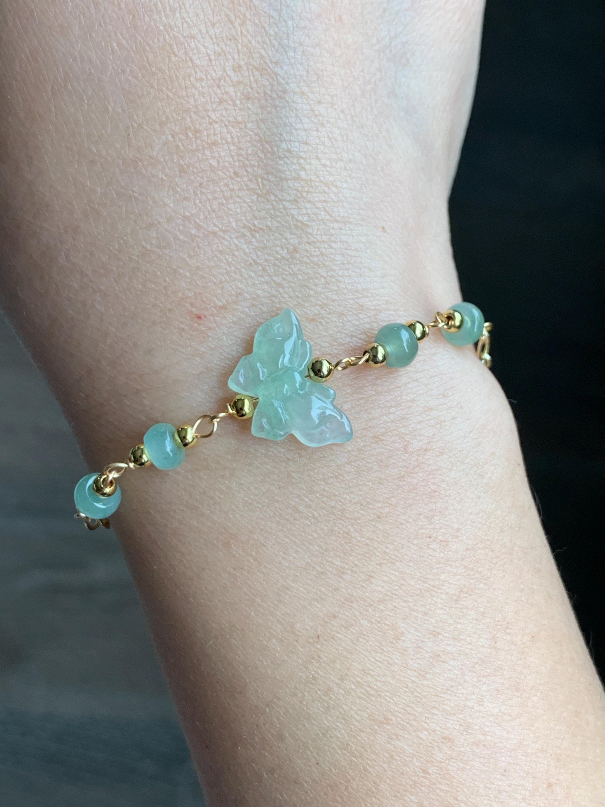 Natural Grade A Icy Highly Translucent Light Green Jadeite Butterfly Chain Bracelet 14K Gold Filled Adjustable 天然冰晴绿翡翠蝴蝶14K包金手链 QLH55