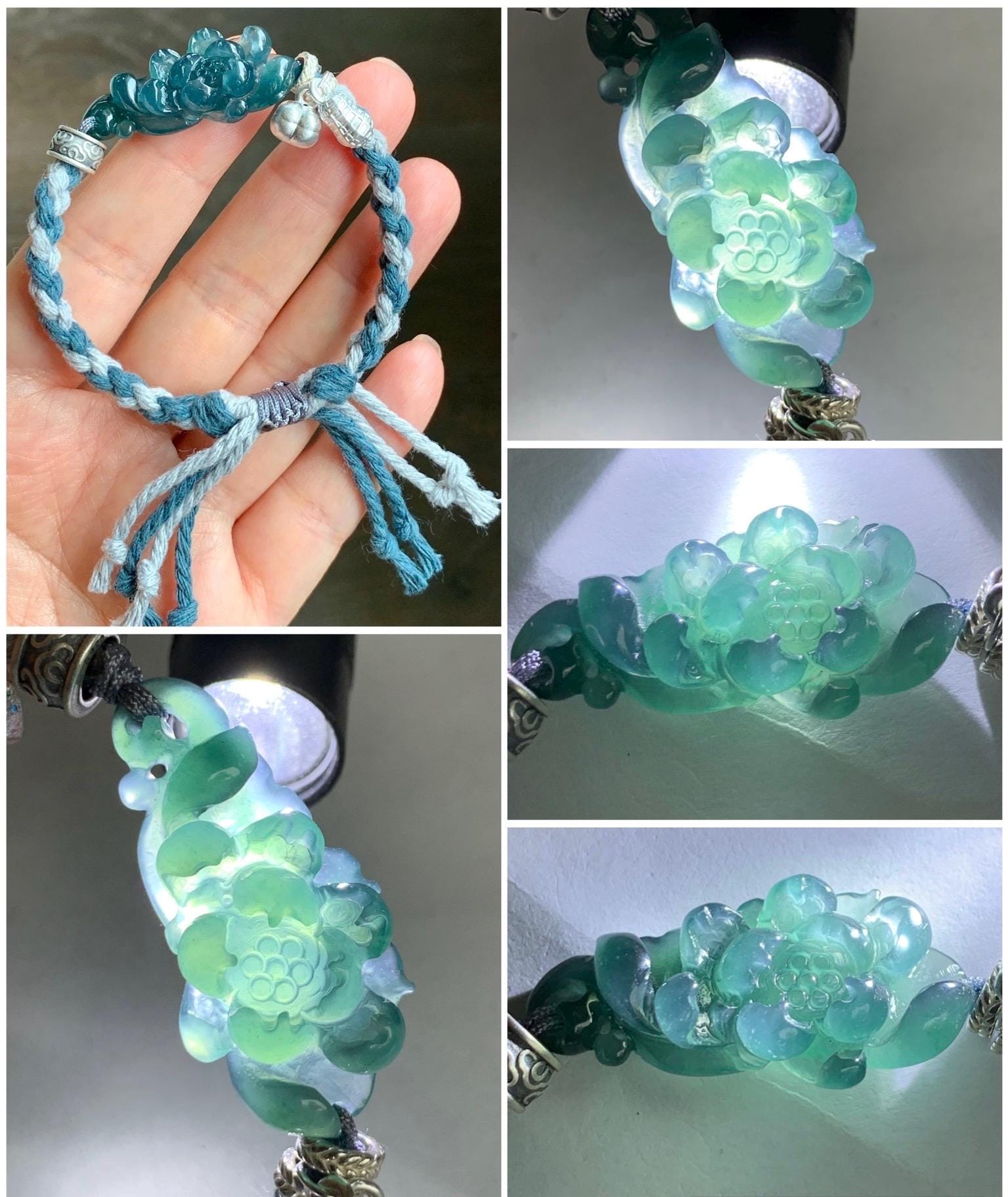 Natural Grade A Guatemalan Icy Translucent Dark Indigo Blue Jadeite Lotus Flower Sterling Silver Rope Bracelet 6.25”-8.25” 10g 天然冰危深蓝翡翠莲花手绳