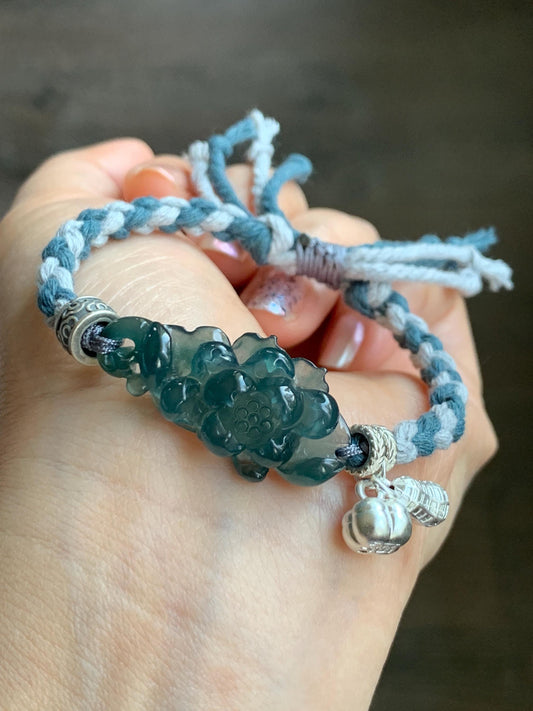 Natural Grade A Guatemalan Icy Translucent Dark Indigo Blue Jadeite Lotus Flower Sterling Silver Rope Bracelet 6.25”-8.25” 10g 天然冰危深蓝翡翠莲花手绳