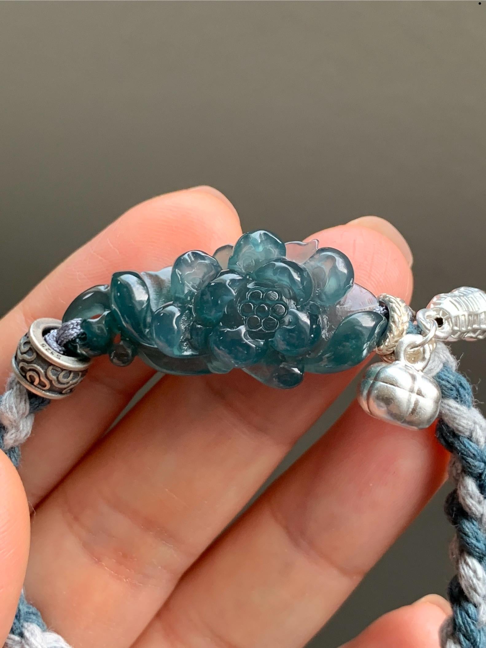 Natural Grade A Guatemalan Icy Translucent Dark Indigo Blue Jadeite Lotus Flower Sterling Silver Rope Bracelet 6.25”-8.25” 10g 天然冰危深蓝翡翠莲花手绳