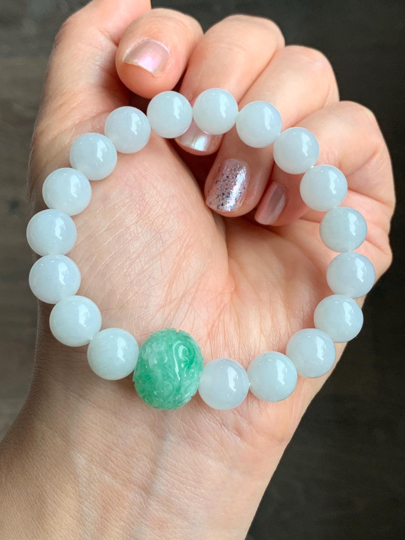 Natural Grade A Icy Translucent Green Marbled Jadeite Engraved Drum Bead Icy White Jadeite Beads Beaded Bracelet 7” 35g 天然冰绿花翡翠仿古雕鼓珠圆珠手串