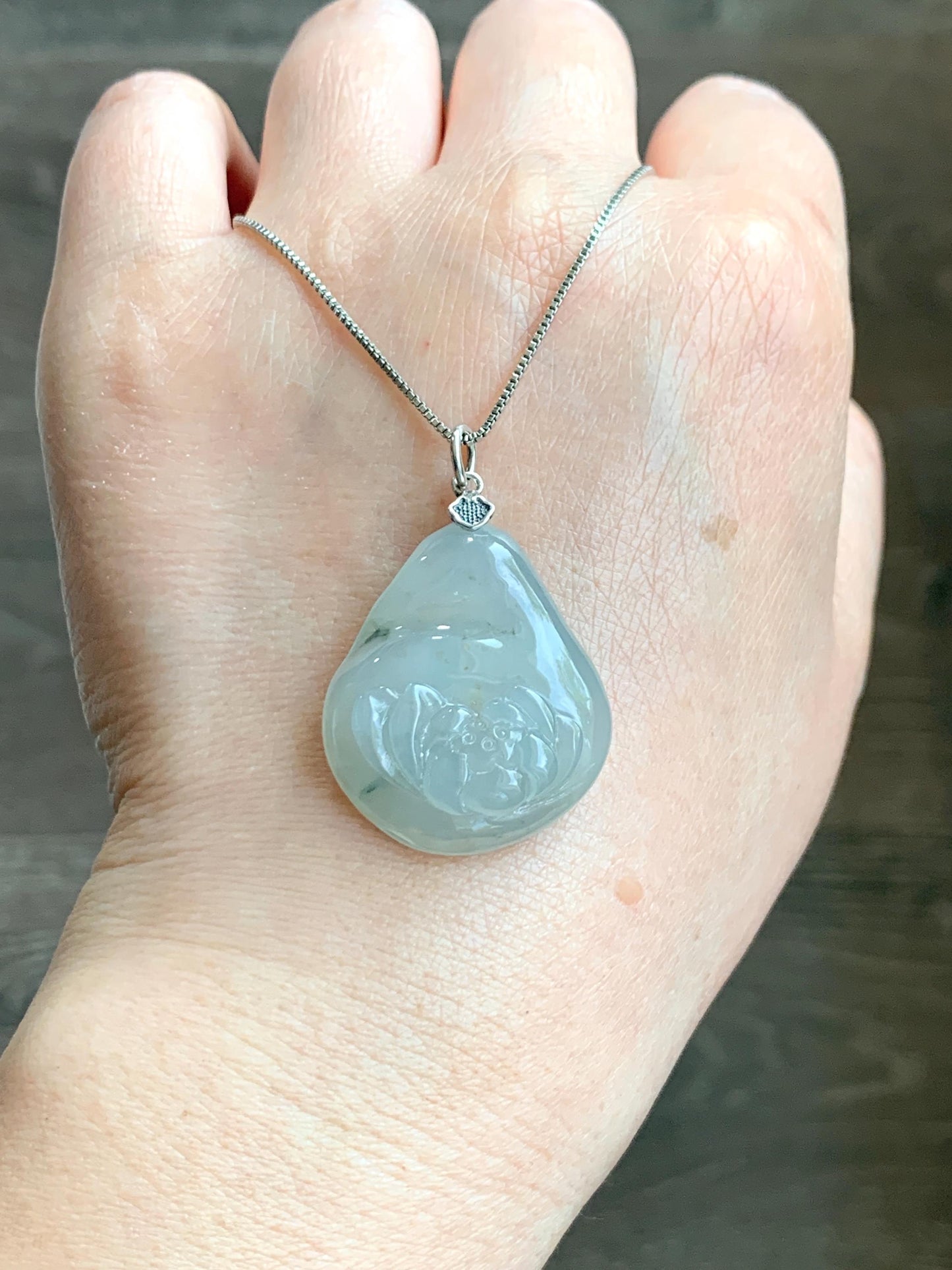 Natural Grade A Icy Translucent Gelatinous Beige Pastel Green Jadeite Lotus Flower Teardrop Pendant Sterling Silver 12g 天然冰胶晴底撒金翡翠莲花水滴吊坠